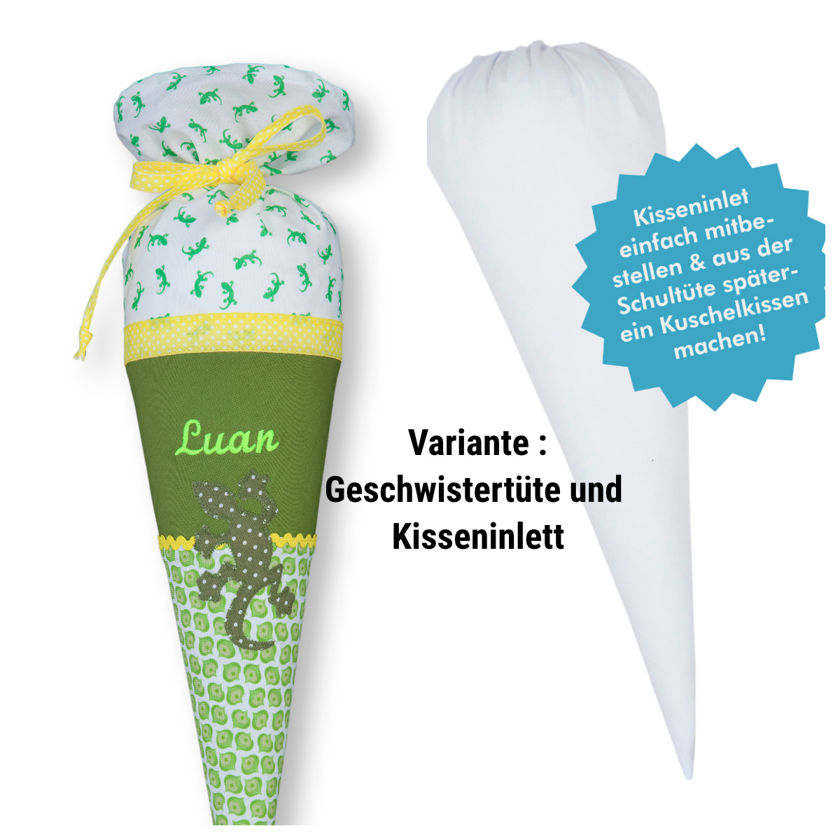 crêpes suzette Geschwisterschultüte aus Stoff Gecko und Wunschnamen, Farbe Grün – Varianten: mit Motiv und Namensbestickung