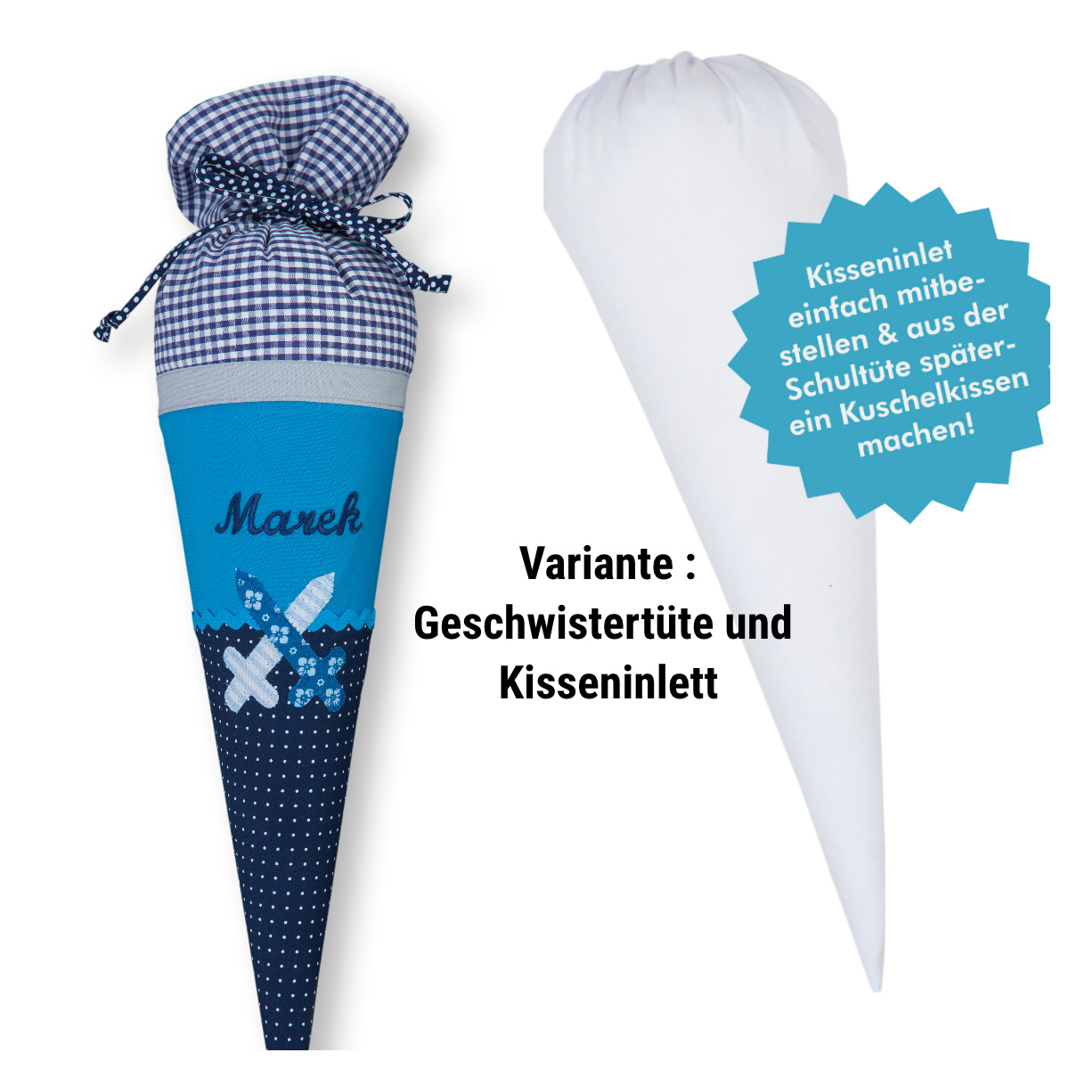 crêpes suzette Geschwisterschultüte aus Stoff Schwerter und Wunschnamen, Farbe Blau – Varianten: mit Motiv und Namensbestickung