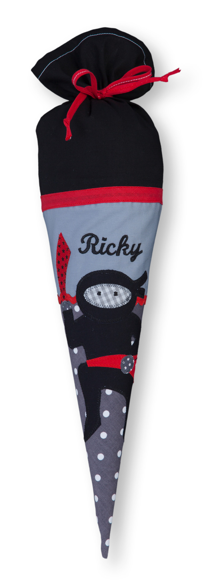 crêpes suzette Geschwisterschultüte aus Stoff Ninja und Wunschnamen, Farbe Grau – Varianten: mit Motiv und Namensbestickung