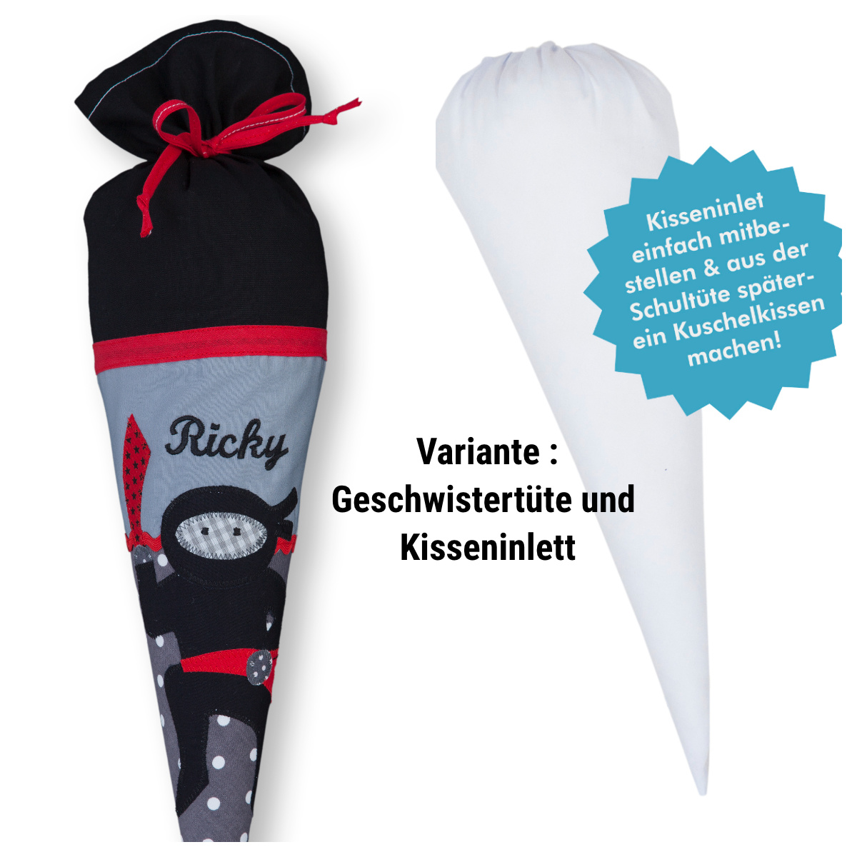 crêpes suzette Geschwisterschultüte aus Stoff Ninja und Wunschnamen, Farbe Grau – Varianten: mit Motiv und Namensbestickung