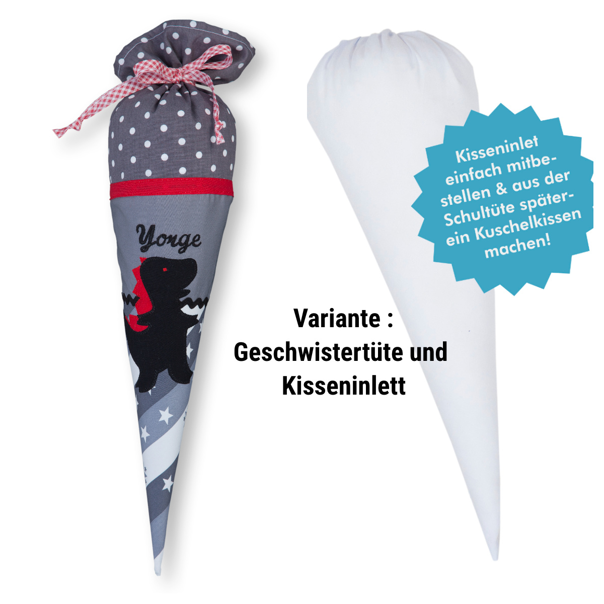 crêpes suzette Geschwisterschultüte aus Stoff Drache und Wunschnamen, Farbe Schwarz Grau – Varianten: mit Motiv und Namensbestickung