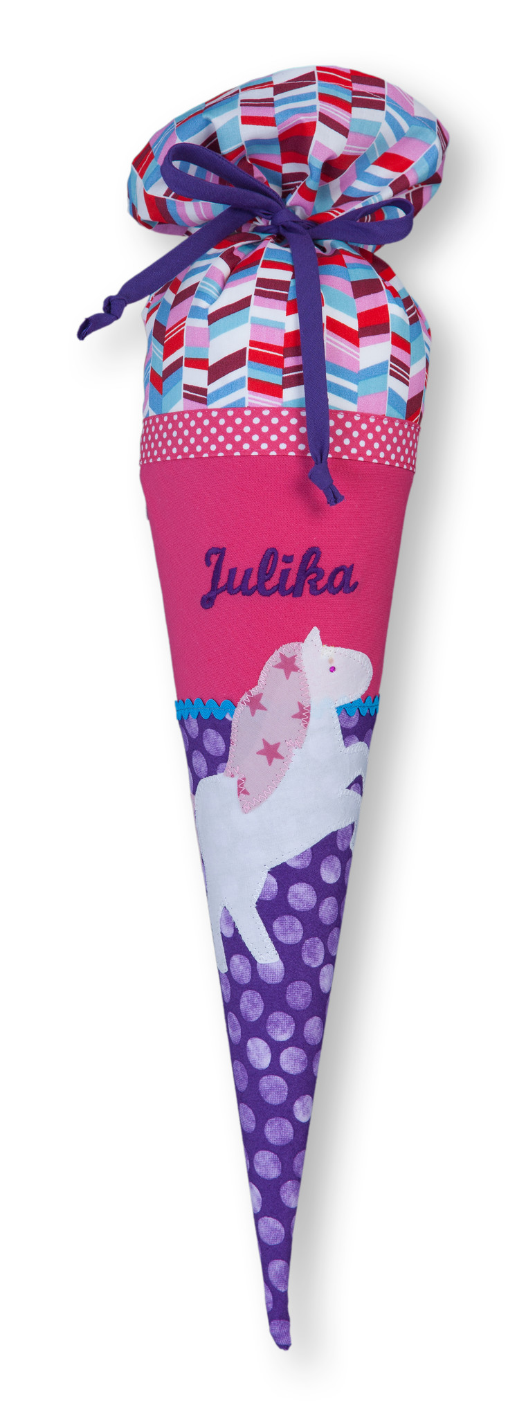 crêpes suzette Geschwisterschultüte aus Stoff mit Einhorn und Wunschnamen, Farbe Pink Lila – Varianten: mit Motiv und Namensbestickung