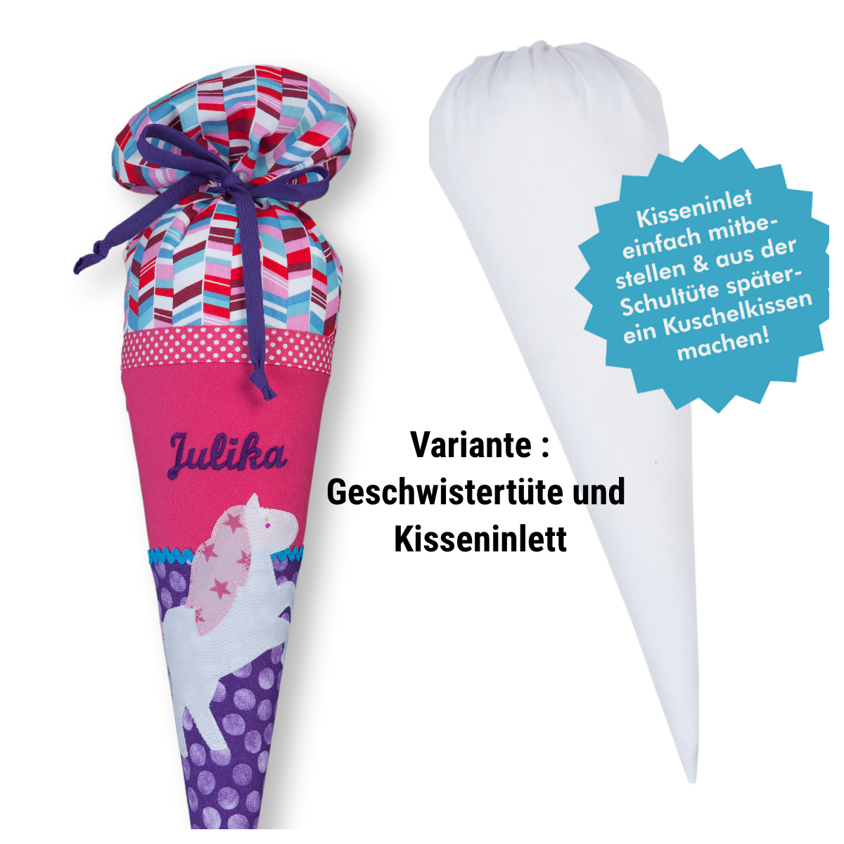 crêpes suzette Geschwisterschultüte aus Stoff mit Einhorn und Wunschnamen, Farbe Pink Lila – Varianten: mit Motiv und Namensbestickung