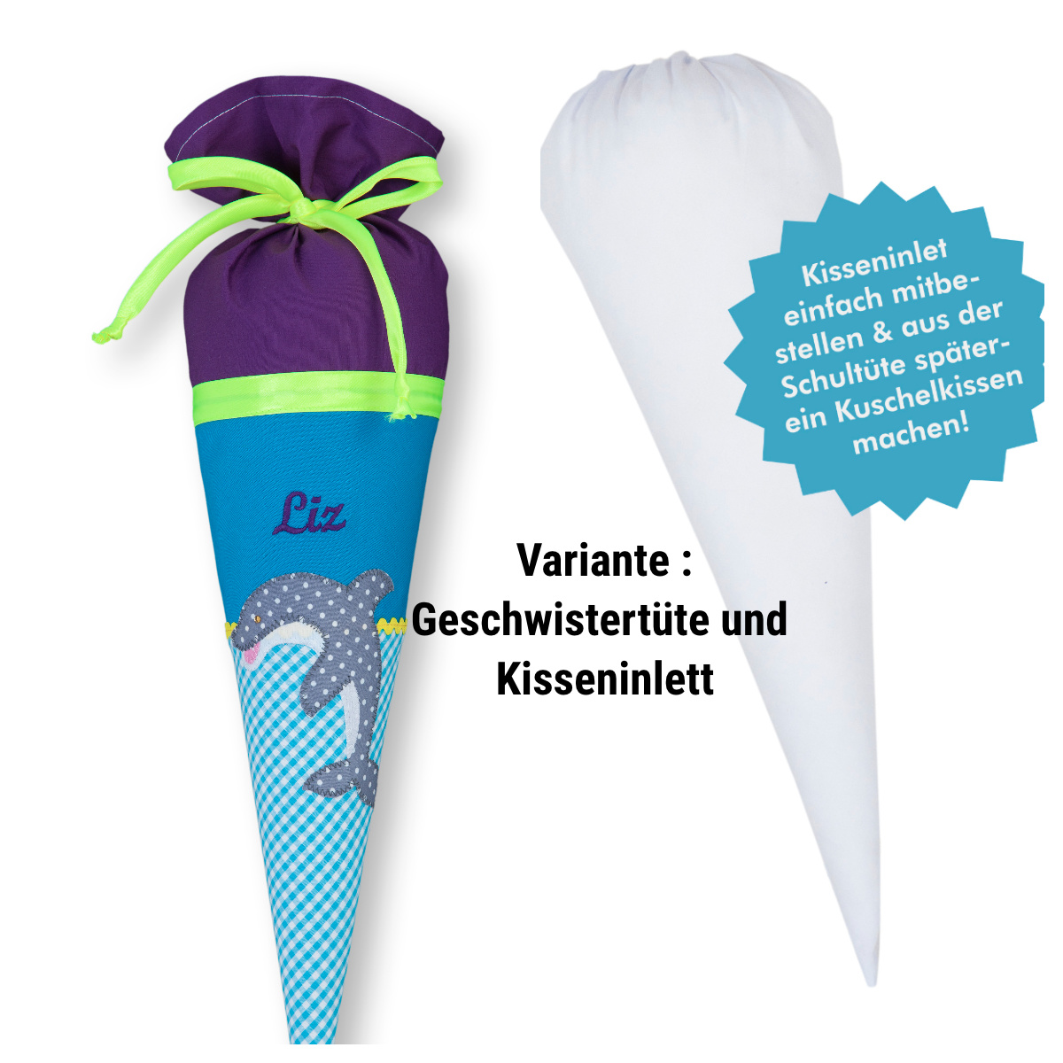 crêpes suzette Geschwisterschultüte aus Stoff mit Delfin und Wunschnamen, Farbe Lila Türkis – Varianten: mit Motiv und Namensbestickung