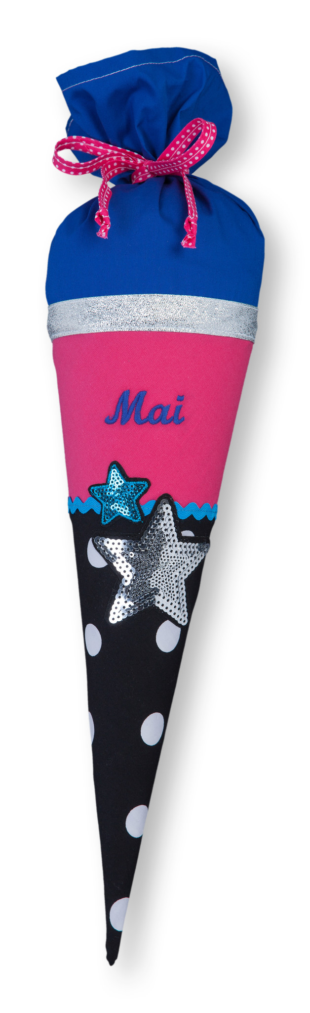 crêpes suzette Geschwisterschultüte aus Stoff mit Stern und Wunschnamen, Farbe Schwarz Blau – Varianten: mit Motiv und Namensbestickung