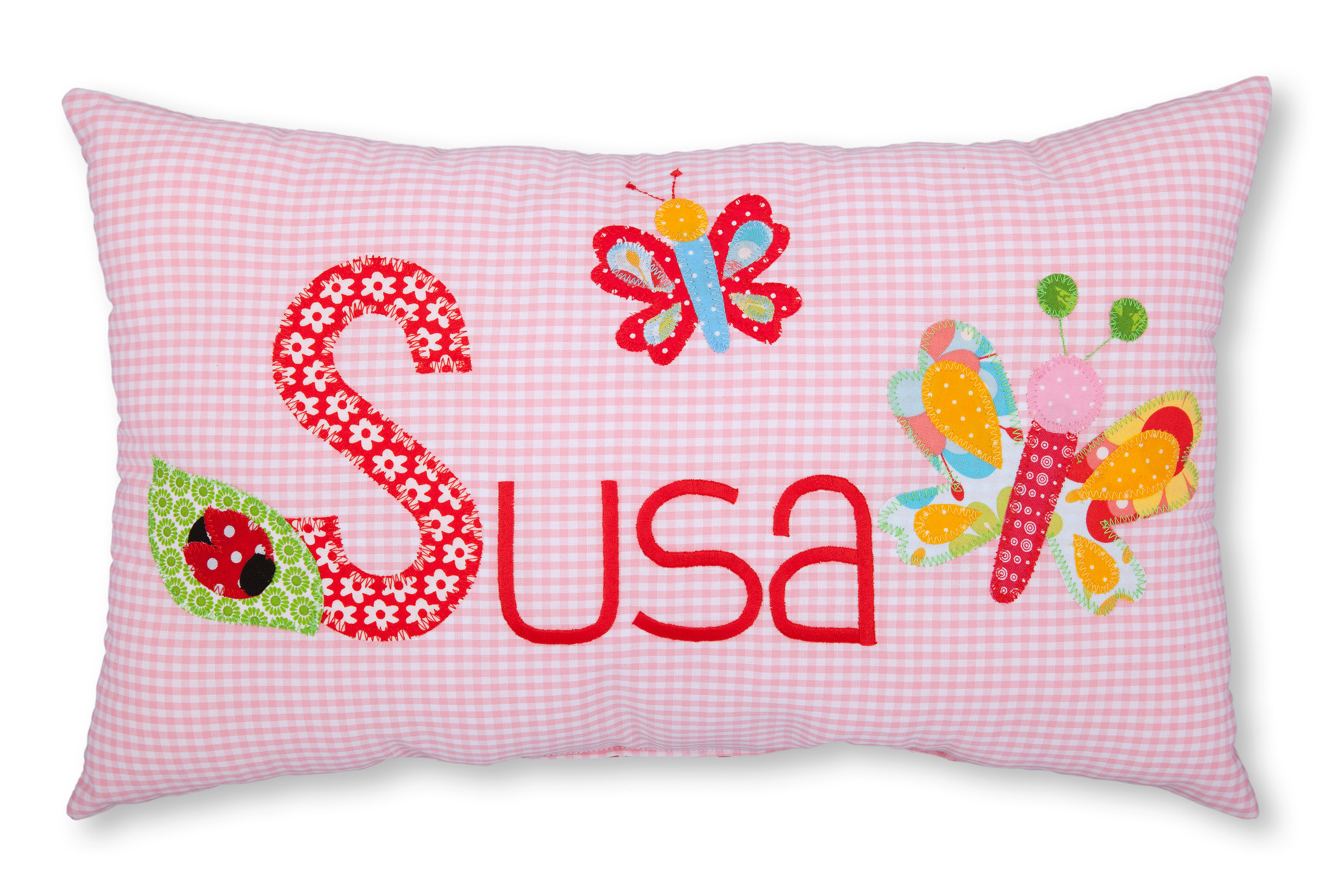 crêpes suzette Namenskissen Schmetterling und Marienkäfer, Modell: Susa, Farbe: Rosa kariert