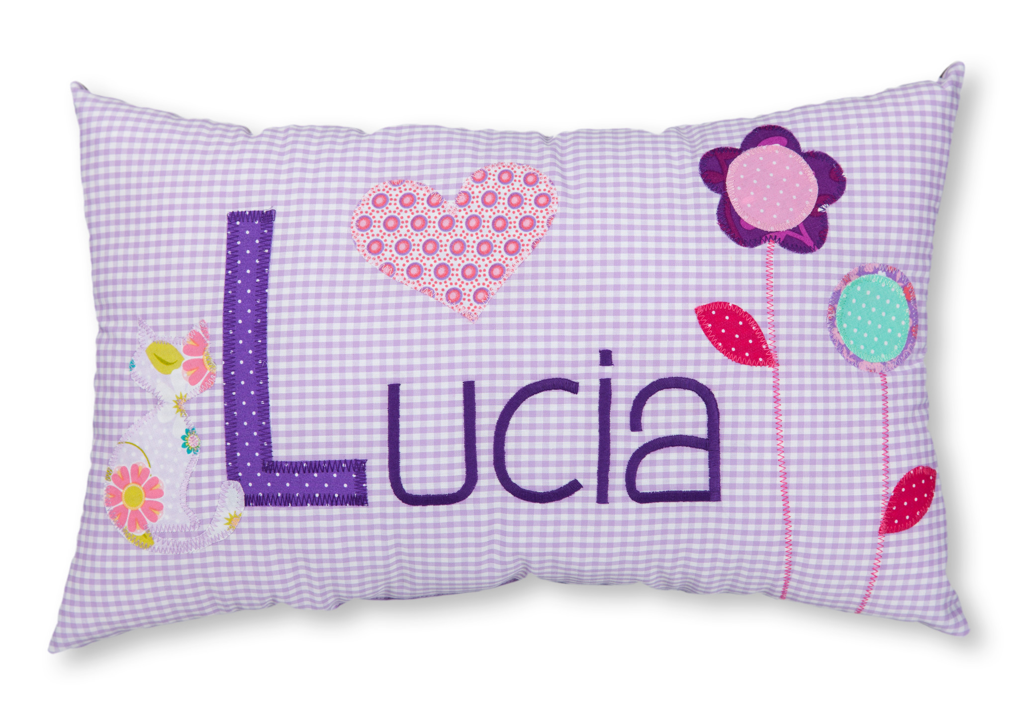 crêpes suzette Namenskissen mit Katze und Blumen in Flieder