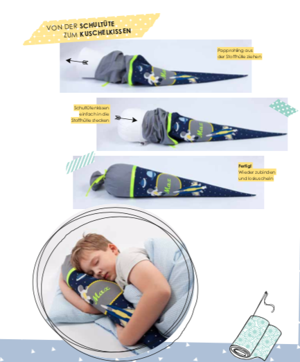 crêpes suzette Schultüte aus Stoff Pony und Sterne für Mädchen, Farbe: Mint und Glitzerstoff – Variante: mit Wunschnamen