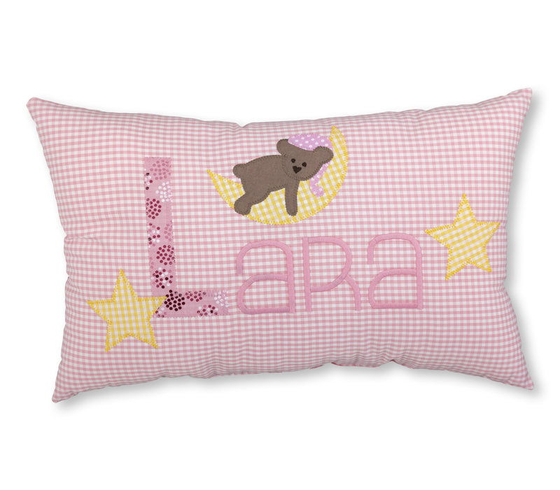 Kissen mit Namen bestickt und kleinem Schlafbär, Farbe: Rosa kariert