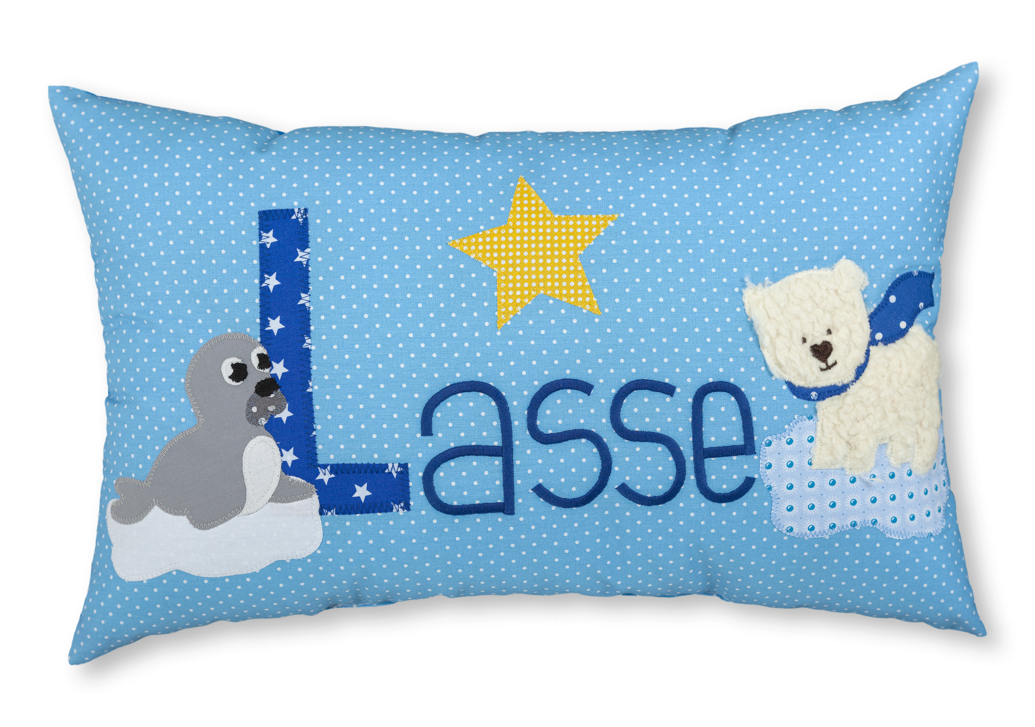 crêpes suzette Namenskissen mit einem plüschigen Eisbären, Farbe: Hellblau mit weißen Pünktchen