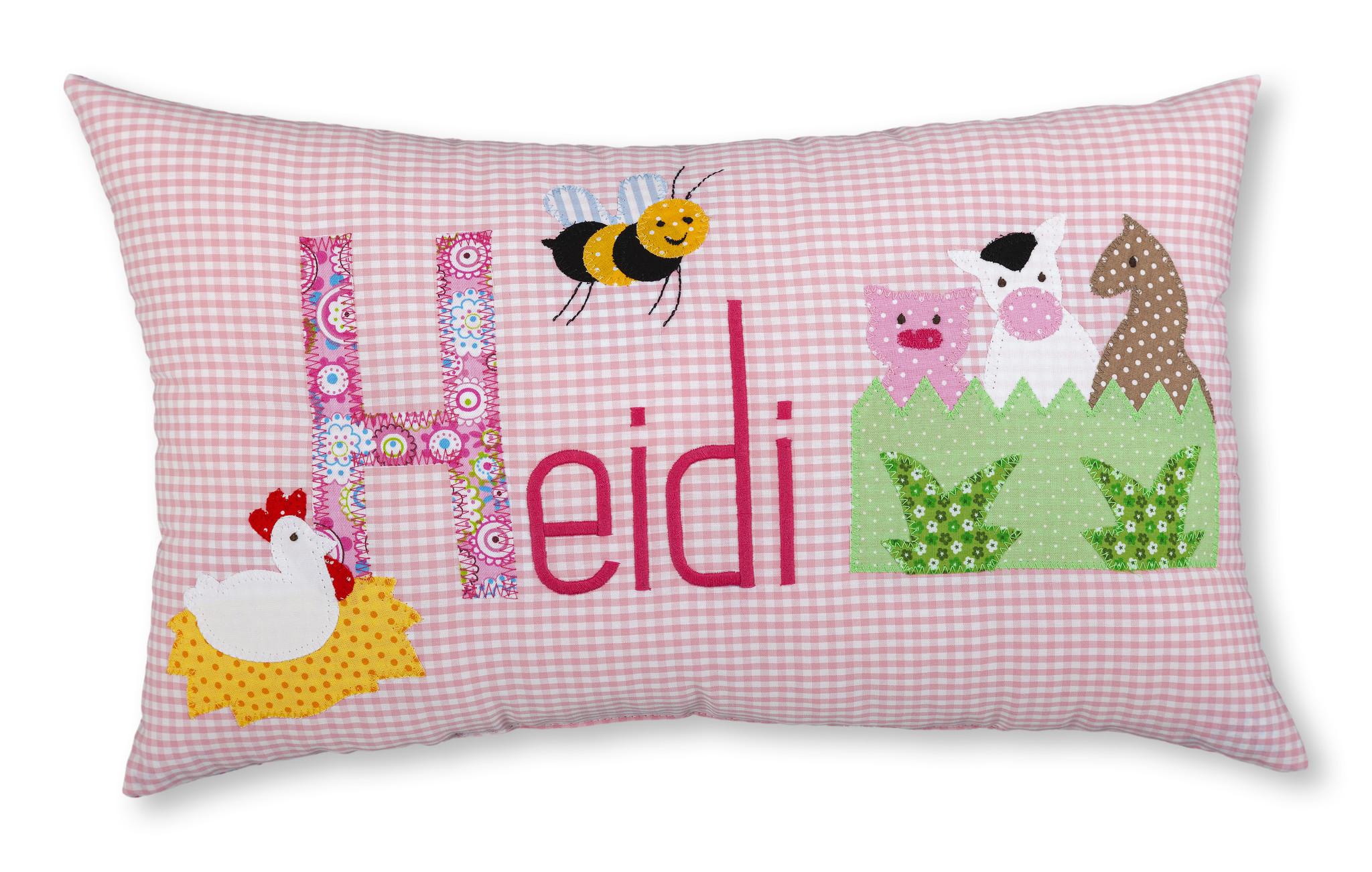 crêpes suzette Namenskissen Bauernhof und Tiere Farbe: Rosa kariert