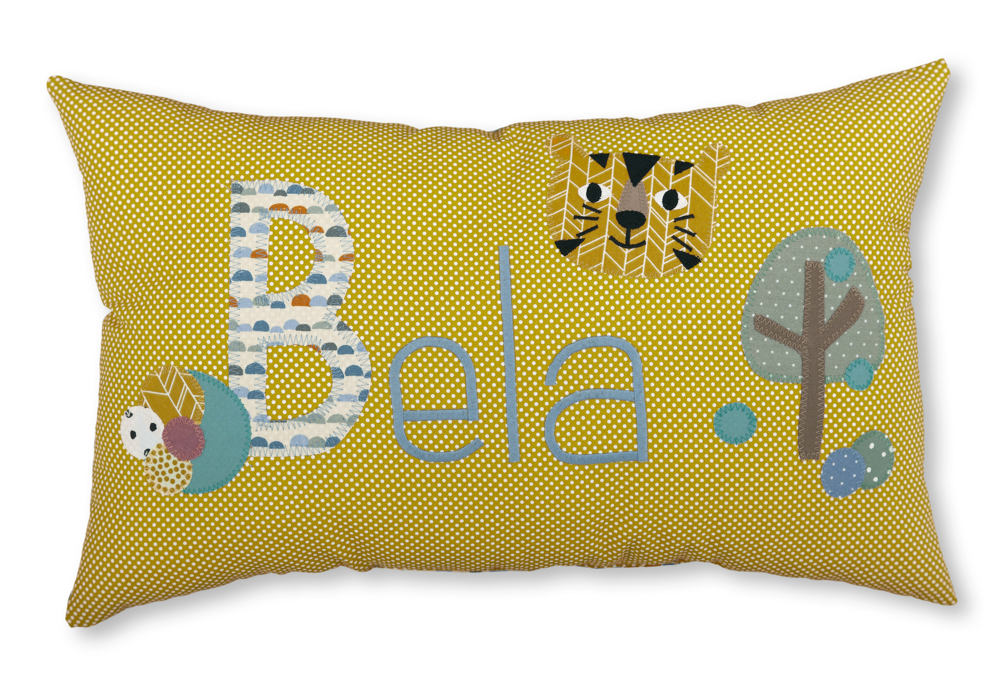 crêpes suzette Namenskissen mit Tiger in Senfgelb, Schriftfarbe: helles Blau