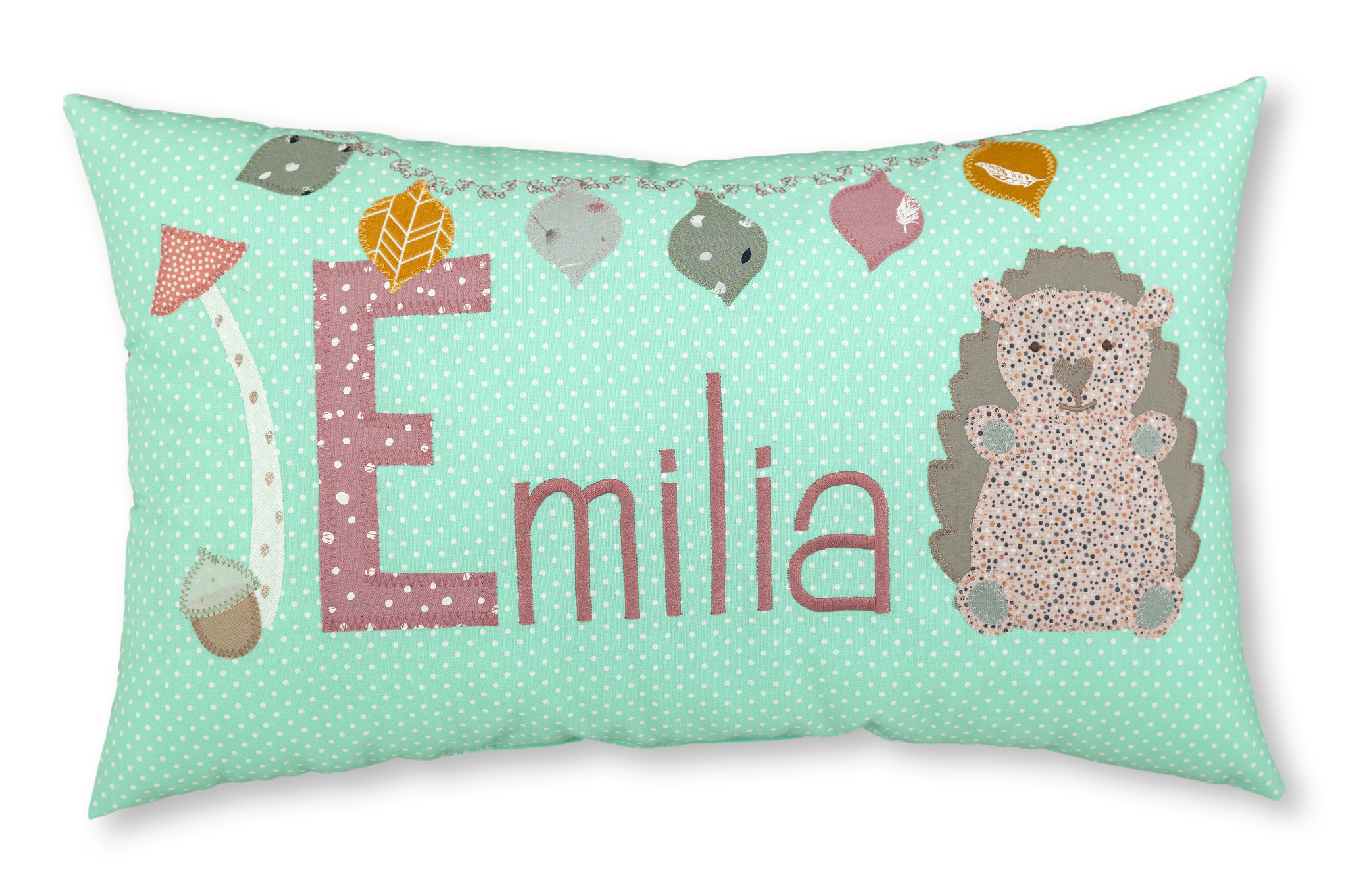 crêpes suzette Namenskissen mit Igel als Taufgeschenk,  Farbe: Mint