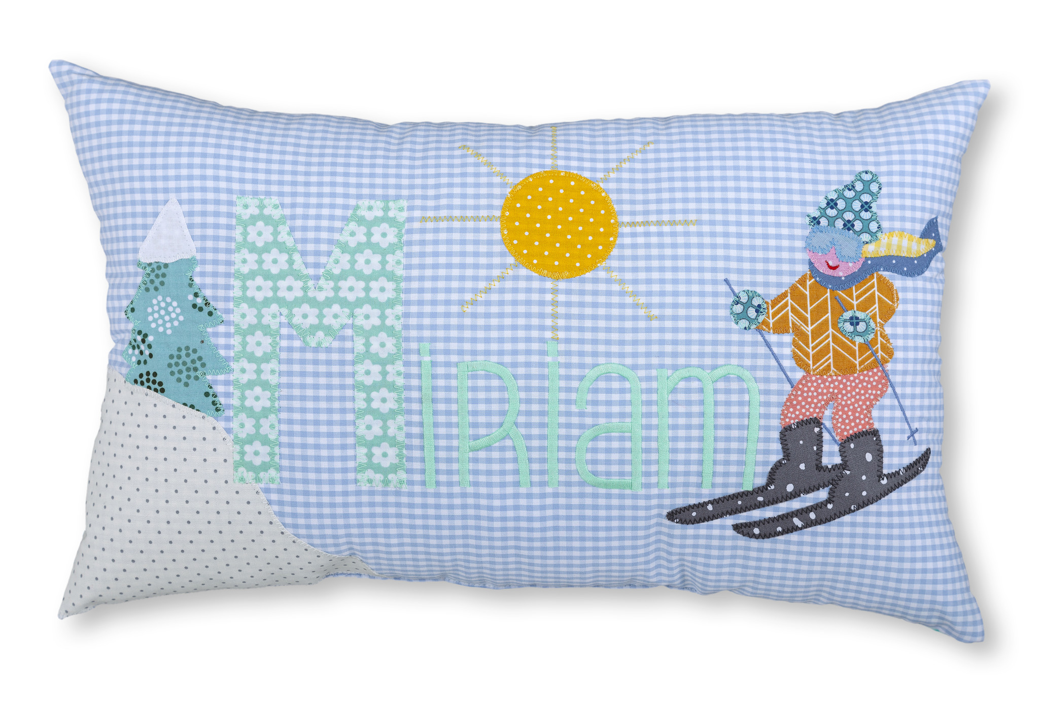 crêpes suzette Namenskissen Skifahren, Farbe: Hellblau kariert