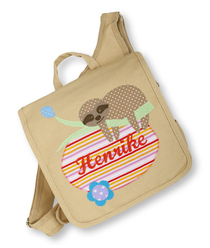 crêpes suzette crêpes suzette Kindergartentasche wandelbar zum Rucksack mit Namen bestickt, Faultier in Beige