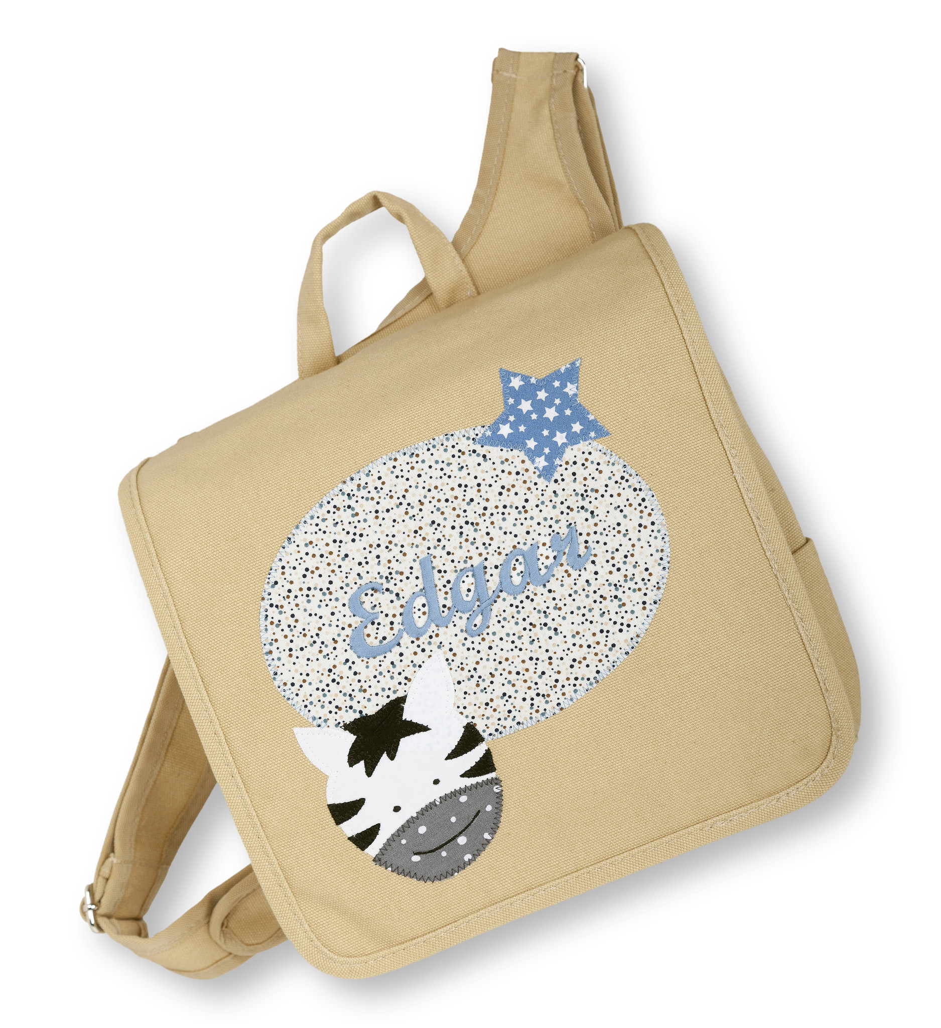 crêpes suzette Kindergartentasche wandelbar zum Rucksack mit Namen bestickt Motiv: Zebra, Farbe : Beige