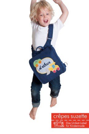 crêpes suzette Kindergartentasche / Rucksack mit Namen bestickt. Bagger und LKW, Farbe : Grün