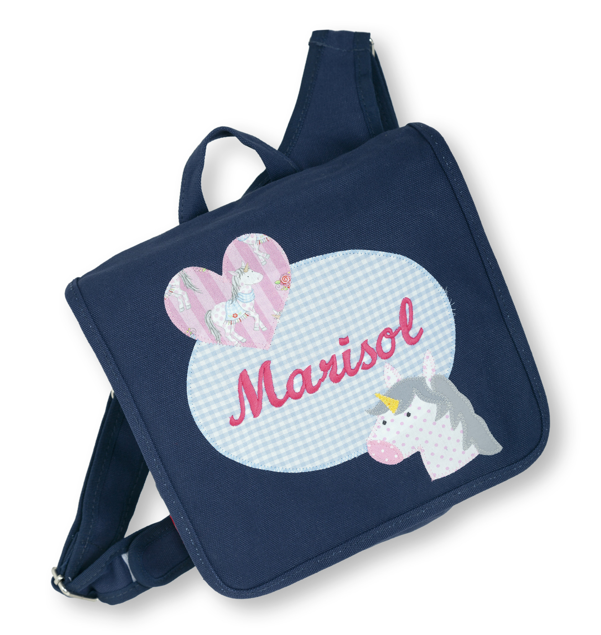 crêpes suzette Kindergartentasche mit Namen bestickt, Motiv: Einhorn, Farbe : Dunkelblau