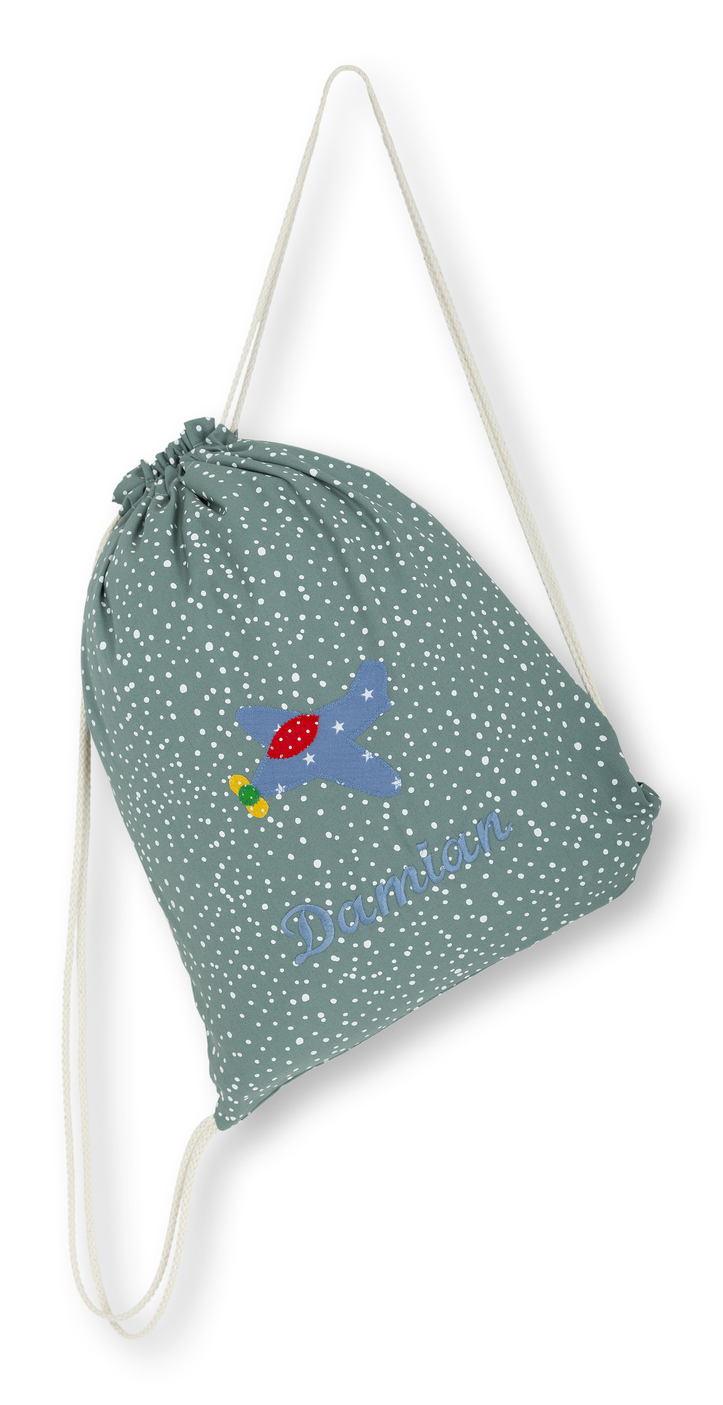 Turnbeutel mit Namen bestickt, Motiv Flugzeug