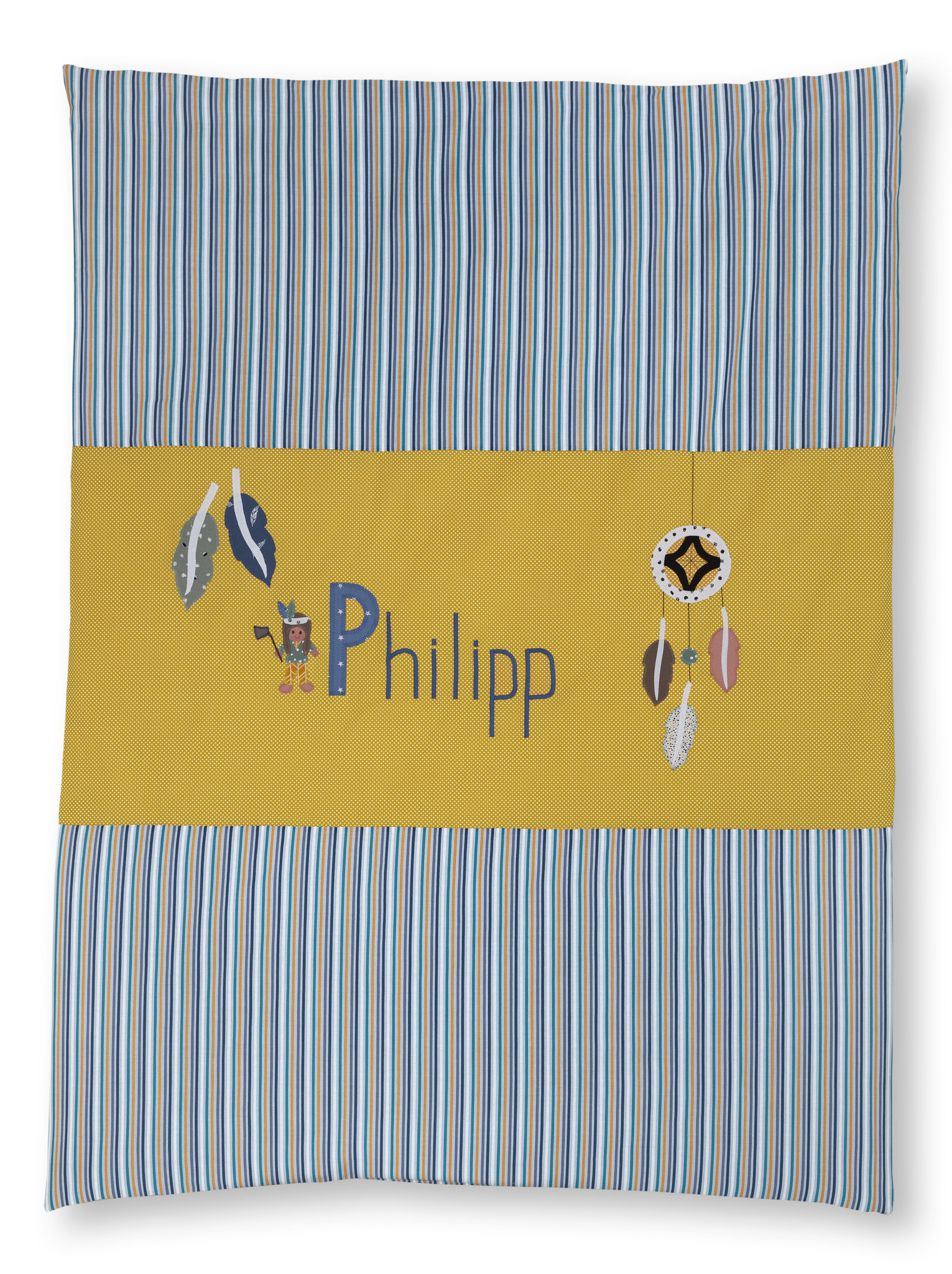 crêpes suzette Krabbeldecke mit Namen als Geschenk zur Taufe,  Motiv: Indianer Farbe : Ocker, Currygelb – Größe: 70cm x 90cm