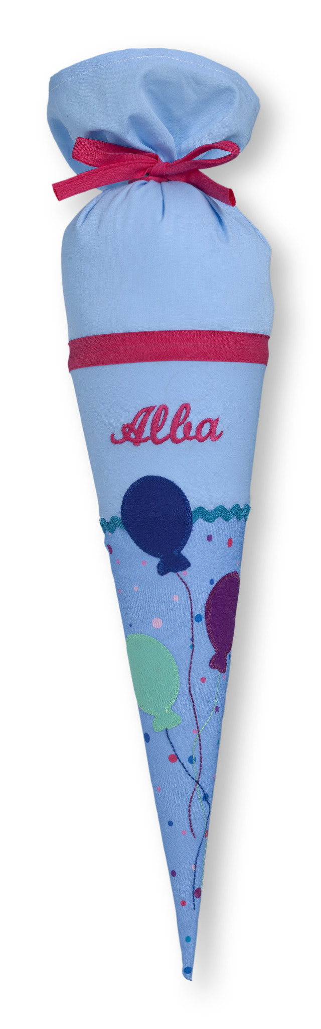crêpes suzette Geschwisterschultüte aus Stoff Luftballons mit Wunschnamen, Farbe: Hellblau – Varianten: mit Motiv und Namensbestickung