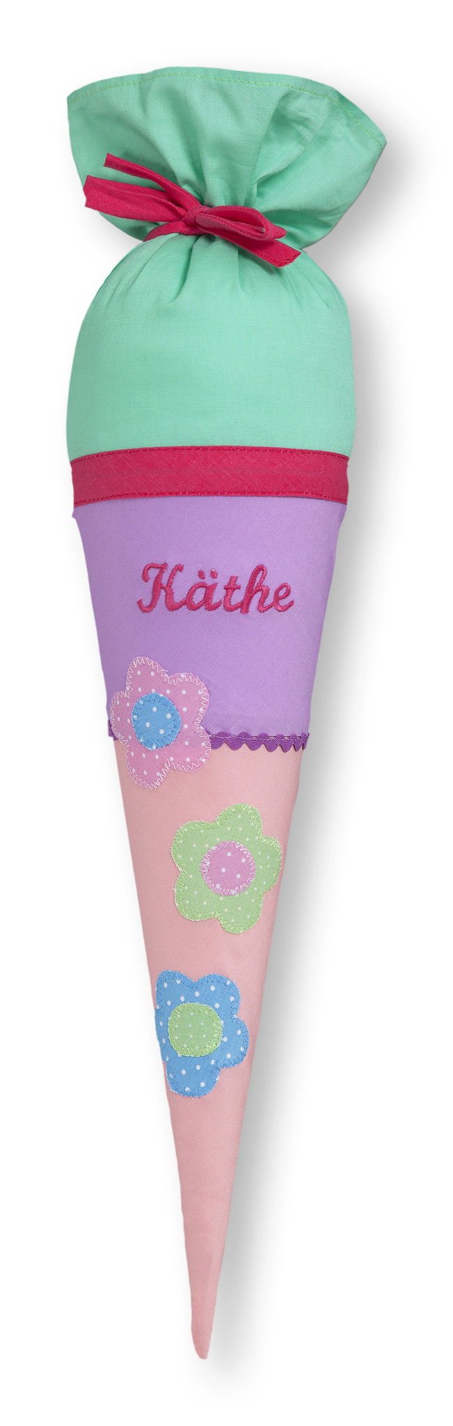 crêpes suzette Geschwisterschultüte aus Stoff Blumen  mit Wunschnamen, Farbe: Candy – Varianten: mit Motiv und Namensbestickung