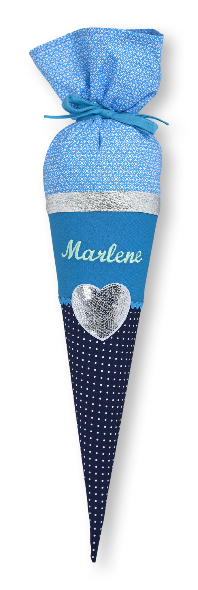 crêpes suzette Geschwisterschultüte aus Stoff Herz mit Wunschnamen, Farbe:  Blau – Varianten: mit Motiv und Namensbestickung