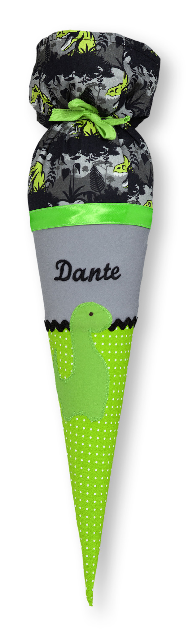 crêpes suzette Geschwisterschultüte aus Stoff mit Wunschnamen, Motiv: Dinosaurier, Farbe Schwarz Grün – Varianten: mit Motiv und Namensbestickung