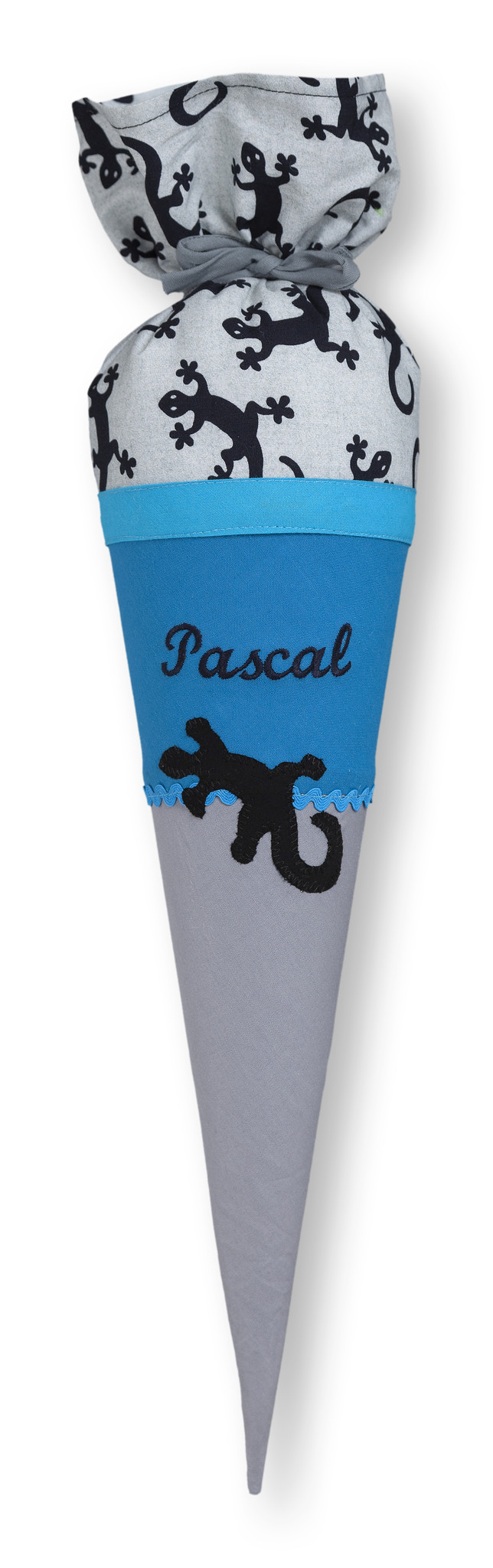 crêpes suzette Geschwisterschultüte aus Stoff mit Wunschnamen, Motiv: Echse Farbe: Grau, Türkis – Varianten: mit Motiv und Namensbestickung