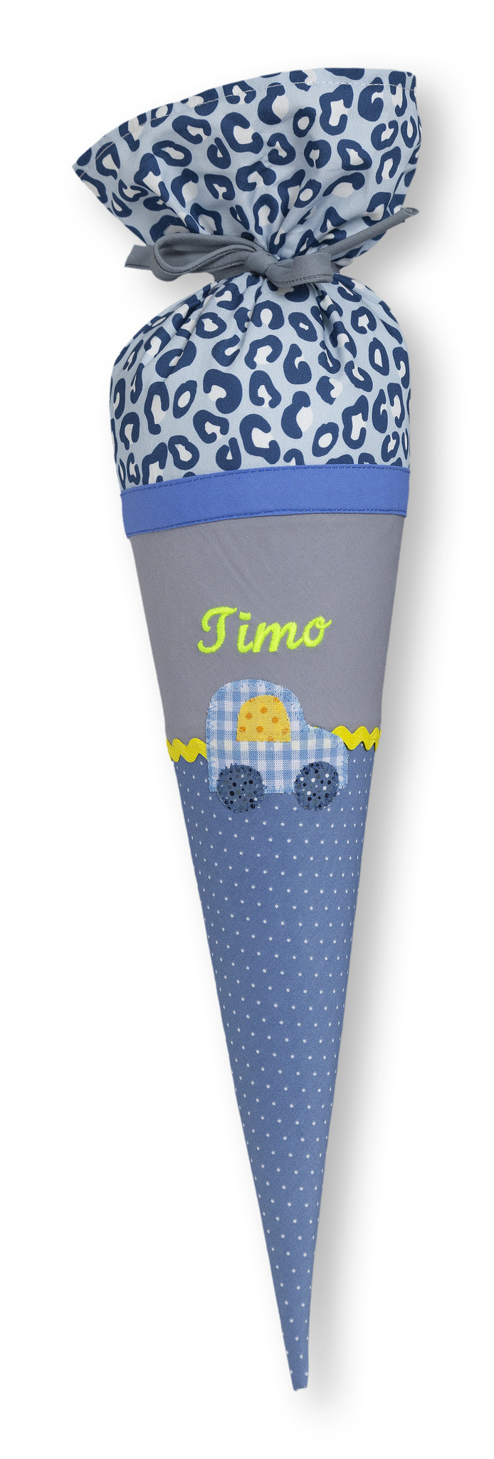 crêpes suzette Geschwisterschultüte aus Stoff mit Wunschnamen, Motiv: Auto Farbe: Grau - Blau – Varianten: mit Motiv und Namensbestickung