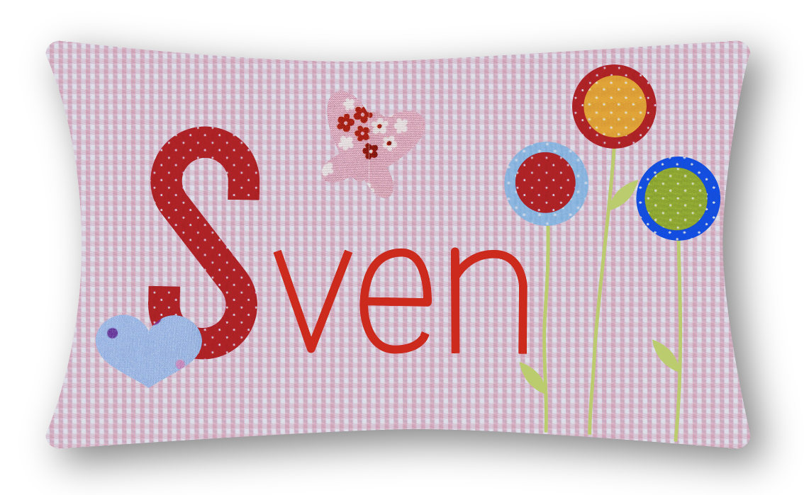 crêpes suzette Namenskissen Herz, Schmetterling und Blumen, Modell: Sven, Farbe: Rosa kariert