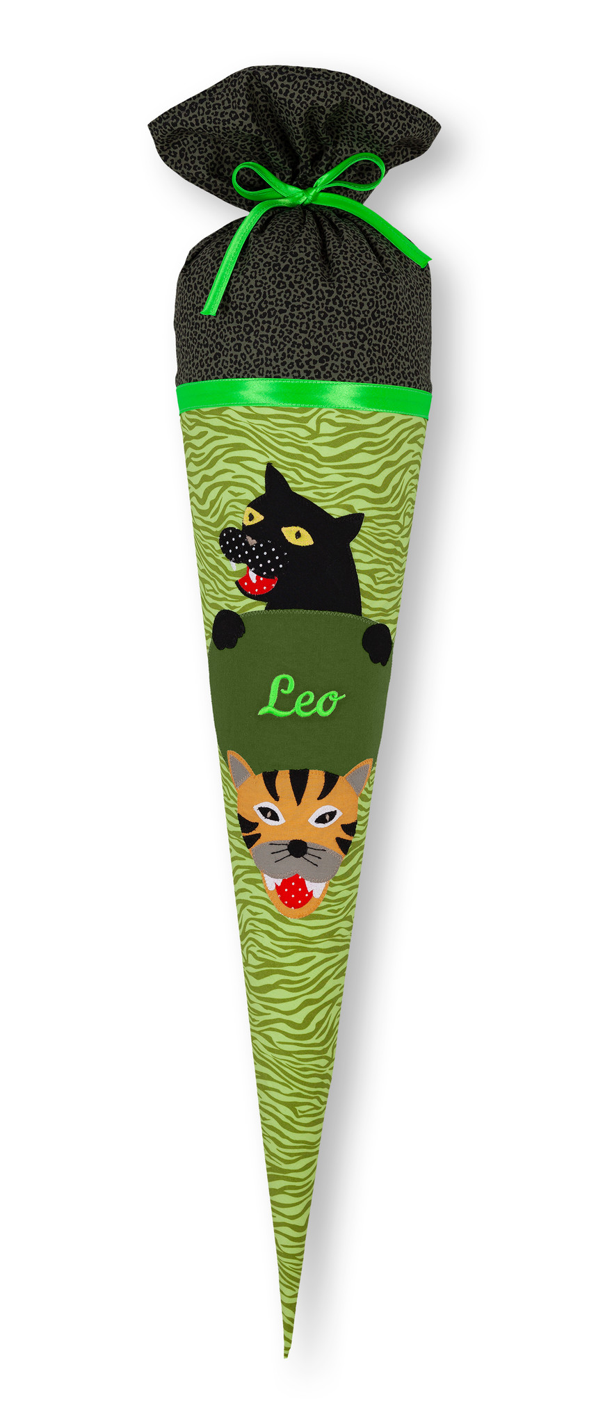crêpes suzette Schultüte aus Stoff, Dschungel Panther Farbe : Grün - – Variante: mit Wunschnamen