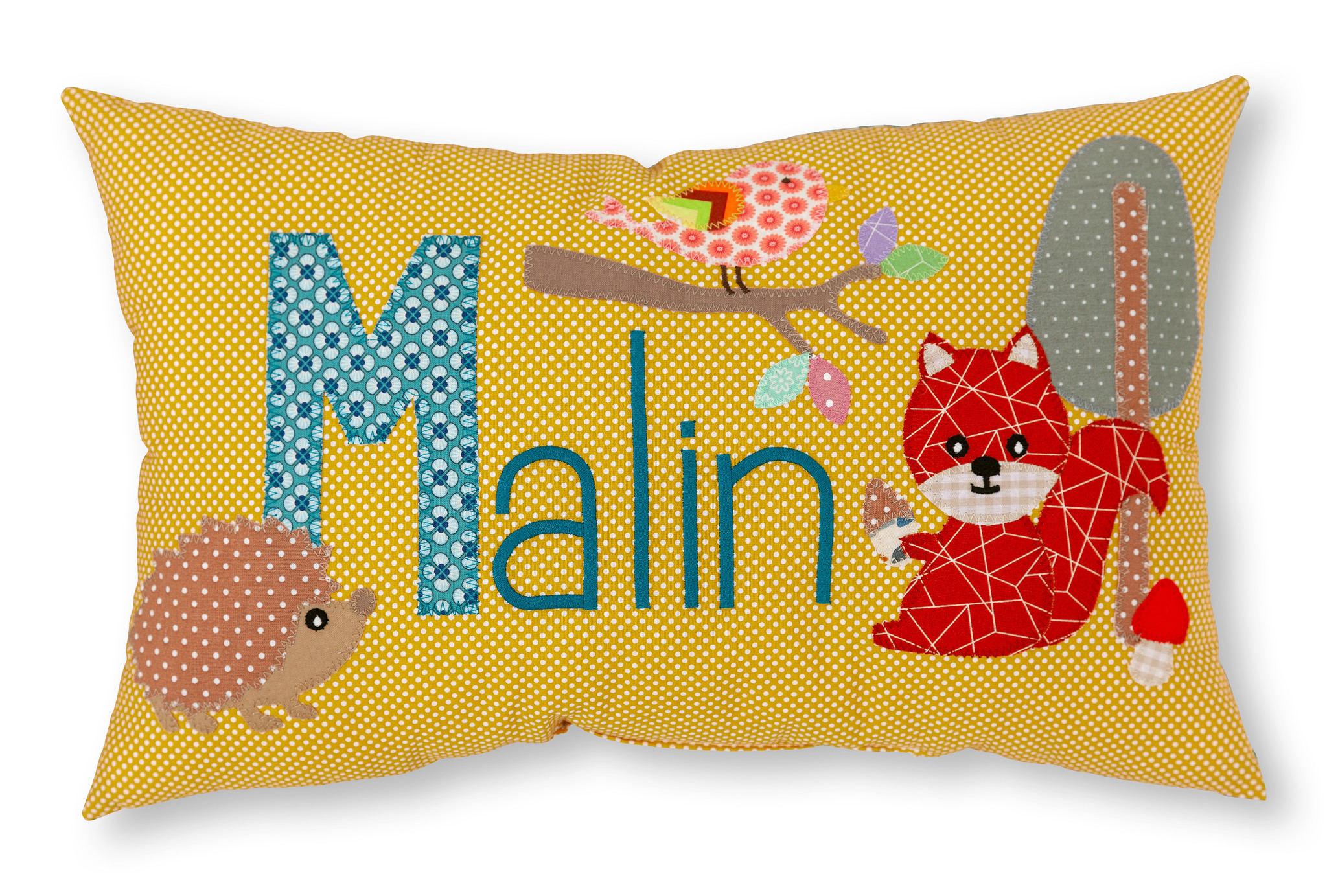Individuelles Taufgeschenk Namenskissen mit Igel und Eichhörnchen