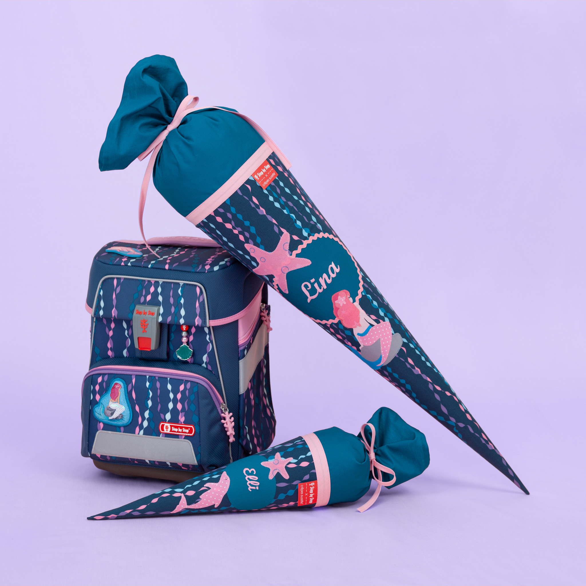 crêpes suzette Geschwisterschultüte passend zu Step by Step Schulranzen Mermaid Bella, bestickt mit Wunschnamen – Varianten: mit Motiv und Namensbestickung