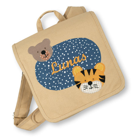 crêpes suzette Kindergartentasche mit Namen bestickt, Motiv: Bär und Tiger