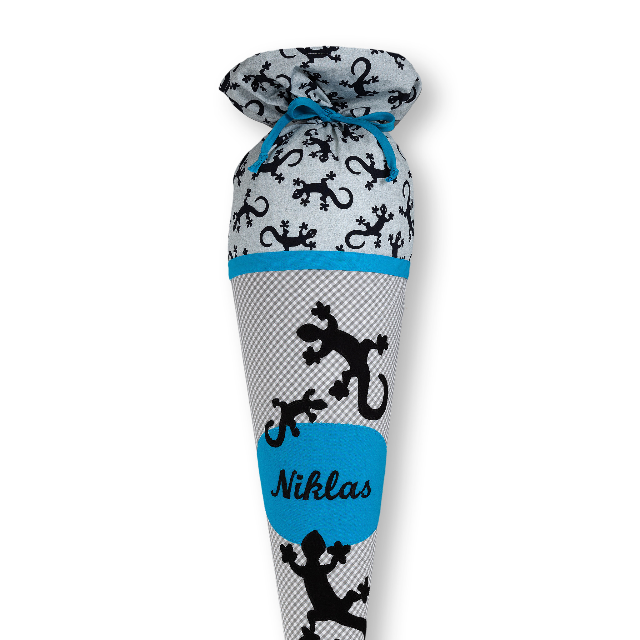 crêpes suzette Schultüte aus Stoff, Gecko,  Farbe: Türkis, Schwarz und Grau – Variante: mit Wunschnamen