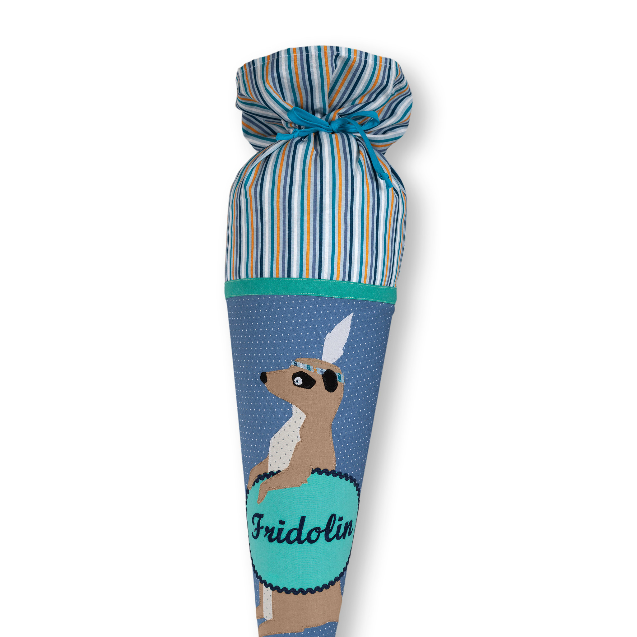 crêpes suzette Schultüte aus Stoff mit Wunschnamen, Motiv:  Erdmännchen – Variante: mit Wunschnamen