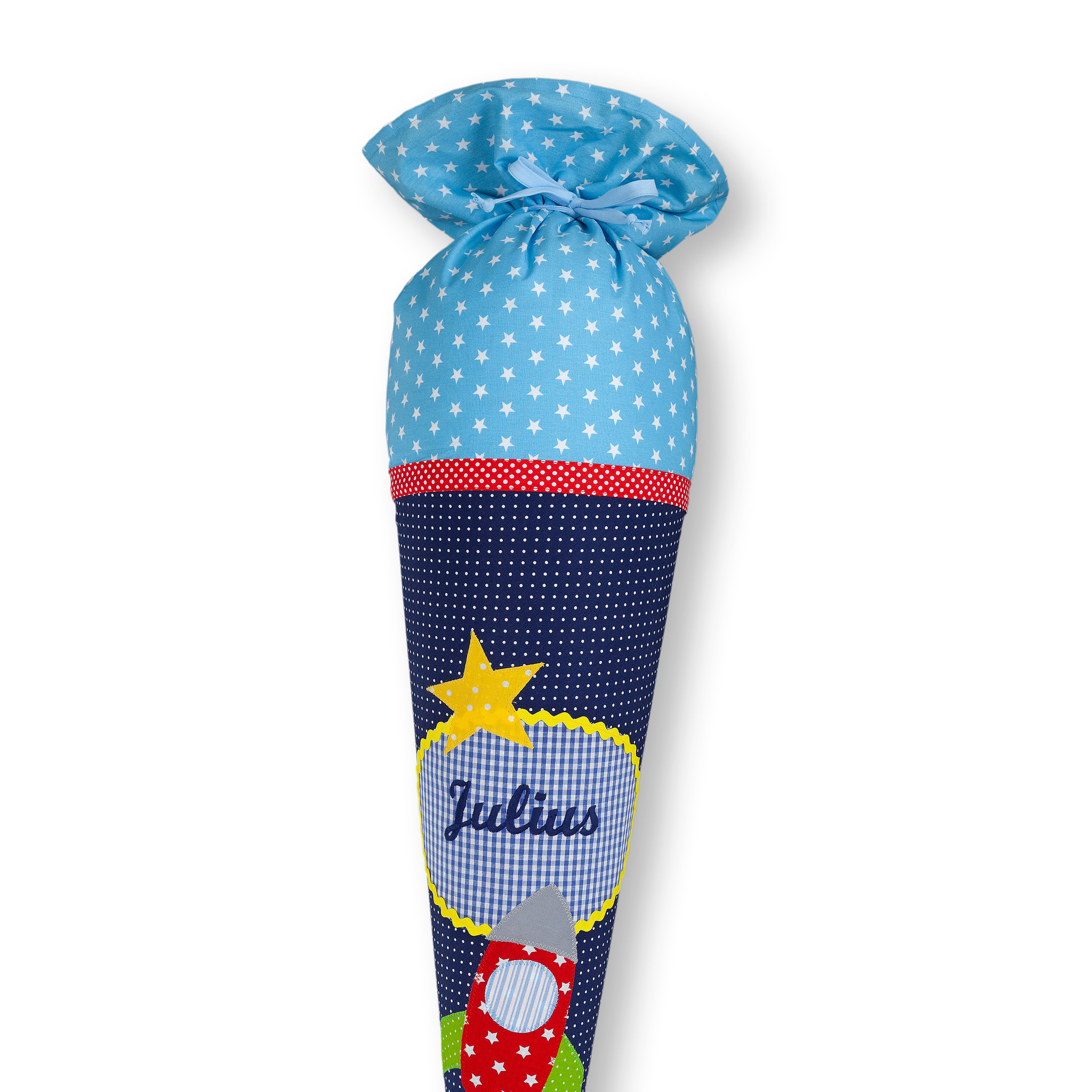 crêpes suzette Schultüte aus Stoff, Rakete, Farbe:  Dunkelblau – Variante: mit Wunschnamen