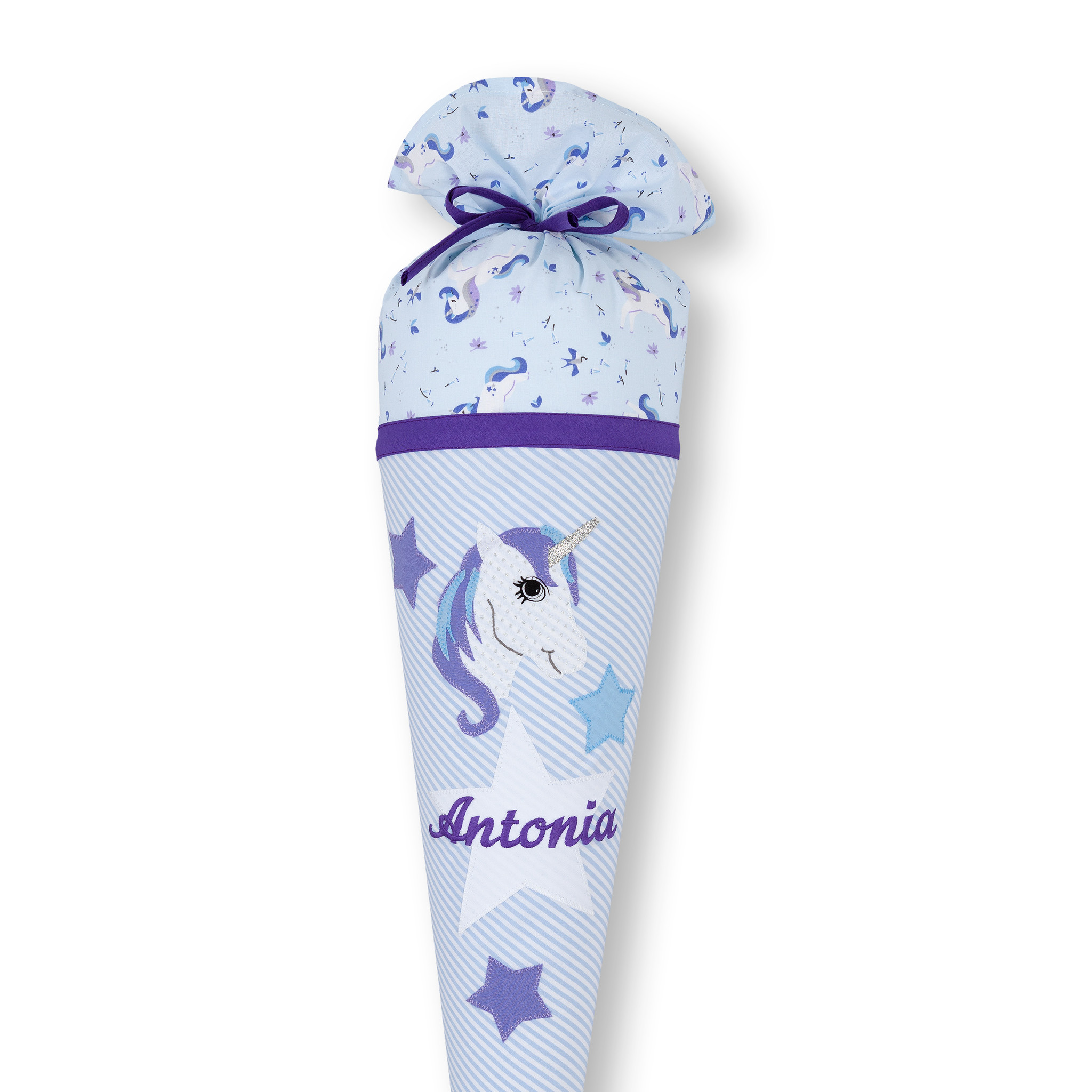 crêpes suzette Schultüte für den ersten Schultag aus Stoff in Hellblau und Flieder mit Einhorn – Variante: mit Wunschnamen
