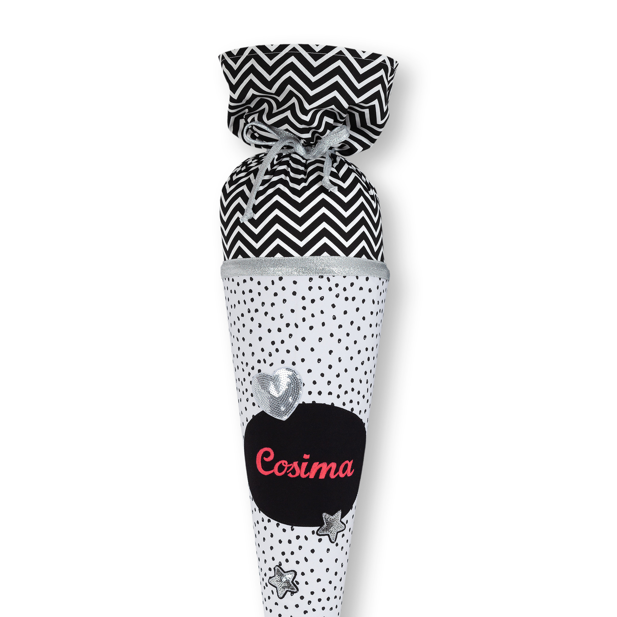 crêpes suzette Schultüte aus Stoff für Mädchen,  Pailletten Herz und Sterne , Farbe Schwarz Weiß Silber – Variante: mit Wunschnamen