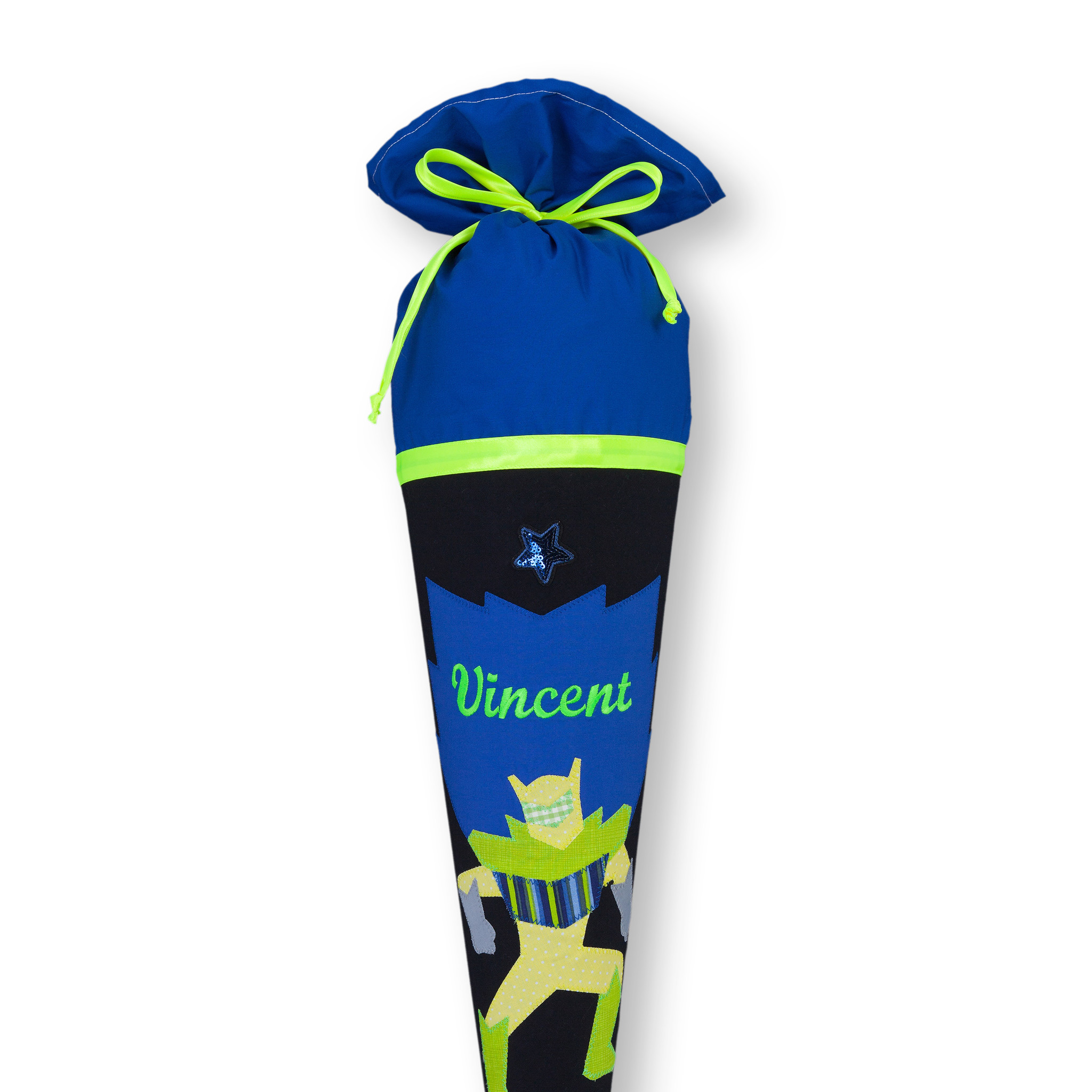 crêpes suzette Schultüte aus Stoff, Roboter Farbe : Schwarz Blau – Variante: mit Wunschnamen