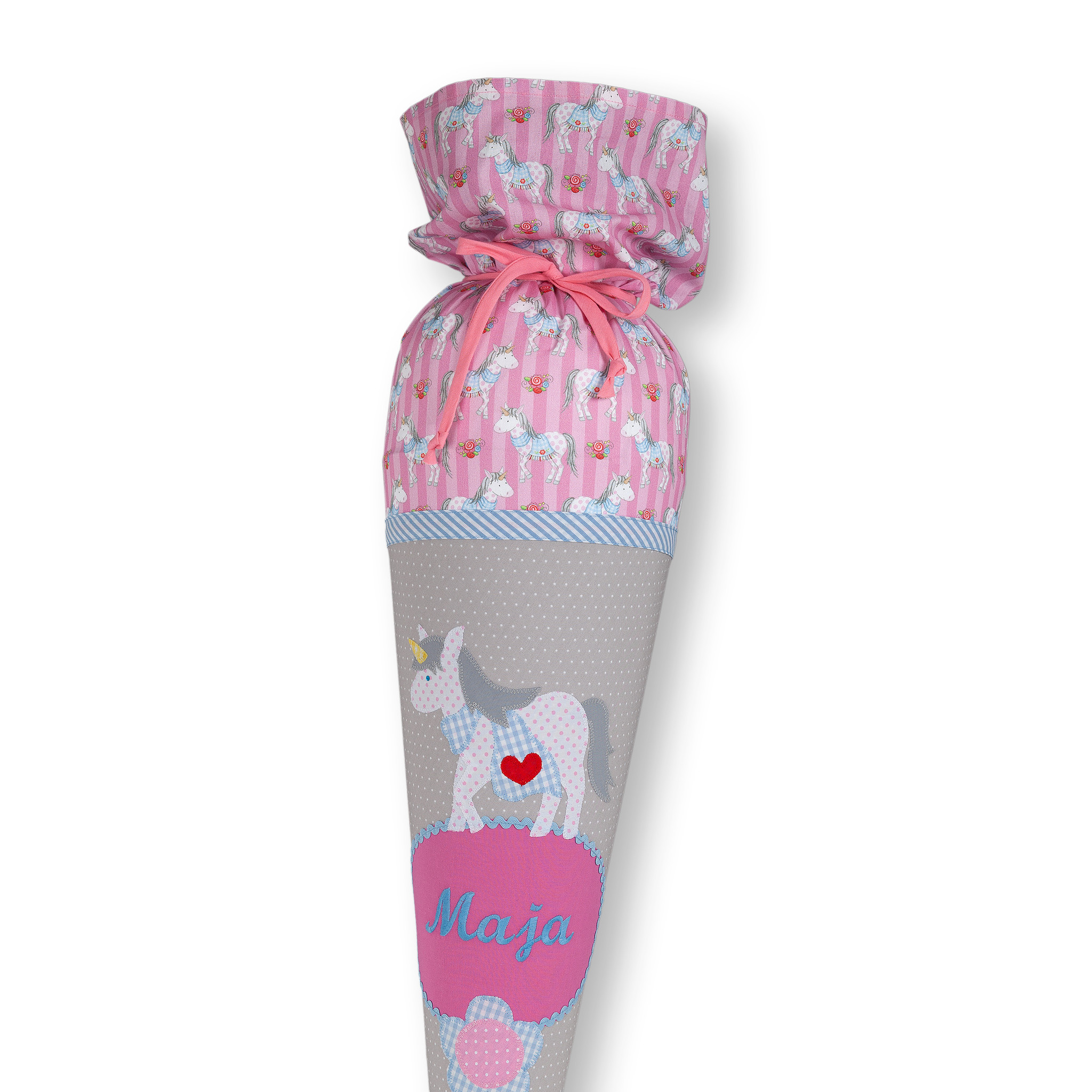 crêpes suzette Schultüte aus Stoff,  Pferd und Blumen, Farbe Grau Rosa und Hellblau – Variante: mit Wunschnamen