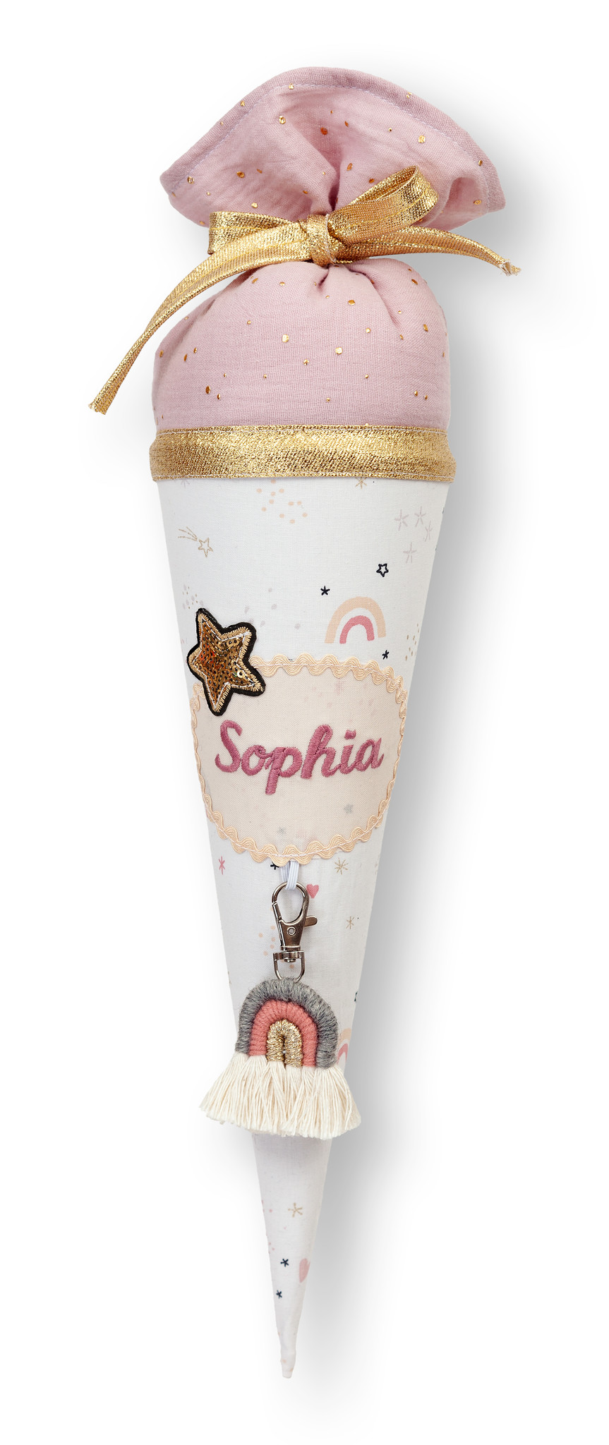 crêpes suzette Traumhafte Geschwistertüte mit Makramee Regenbogenanhänger – Varianten: mit Motiv und Namensbestickung