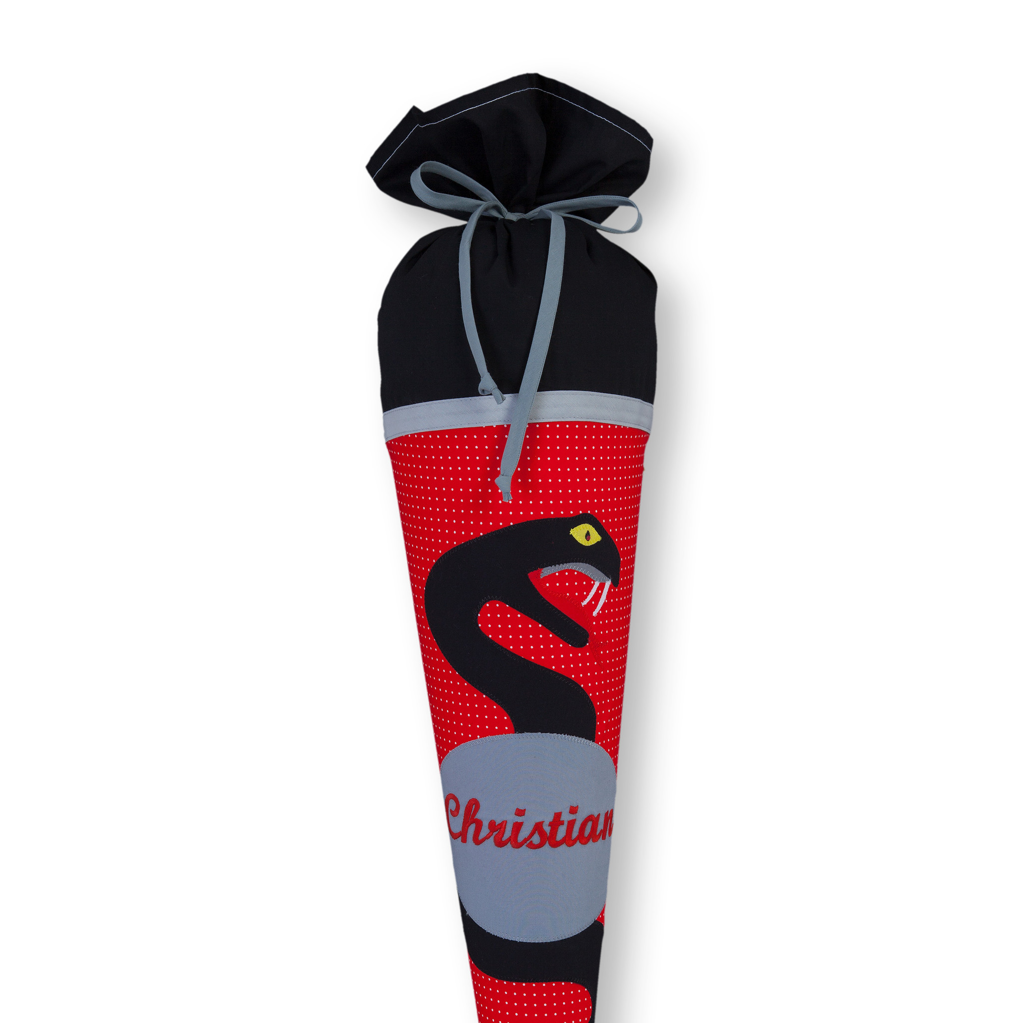 crêpes suzette Schultüte aus Stoff,Schlange Farbe : Schwarz  Rot – Variante: mit Wunschnamen