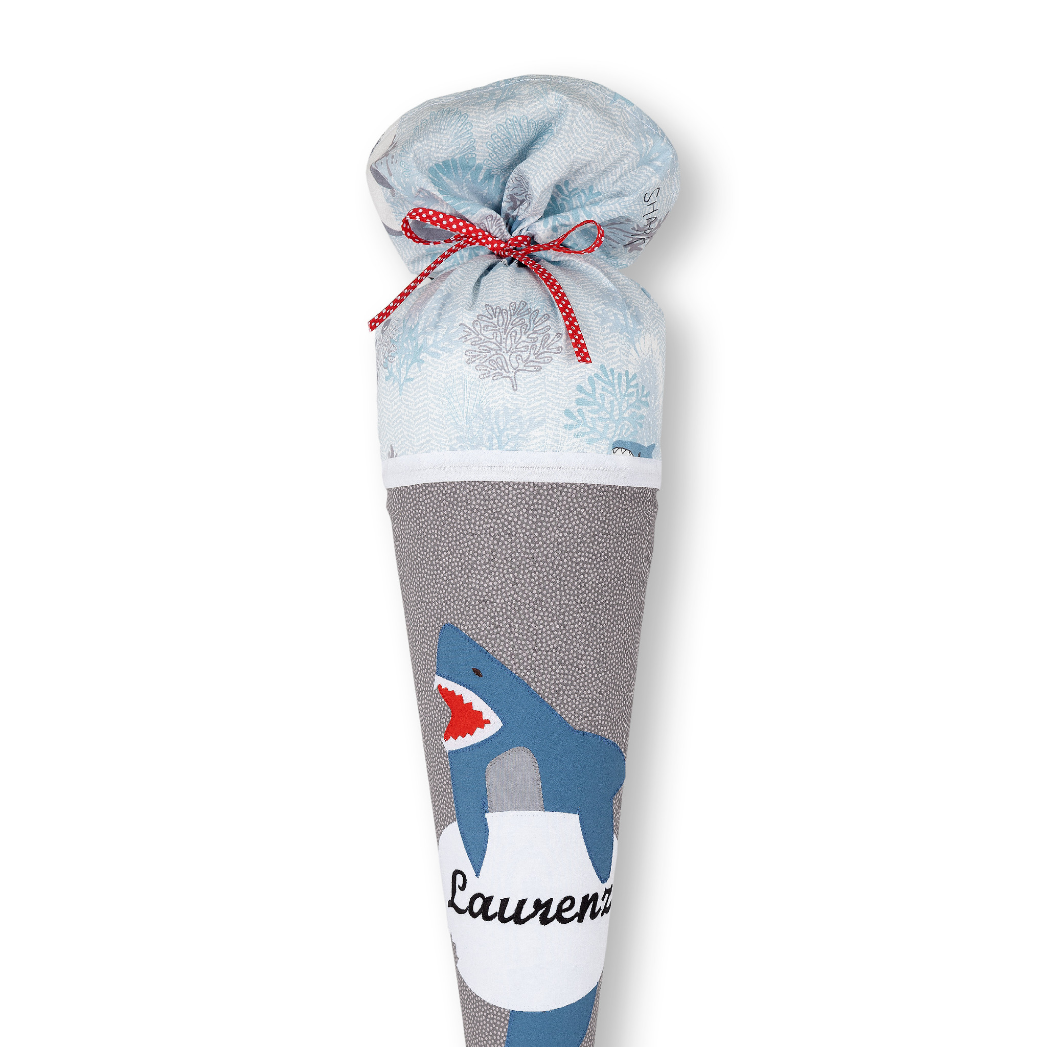 crêpes suzette Schultüte aus Stoff mit Hai, für einen unvergesslichen 1.Schultag – Variante: mit Wunschnamen