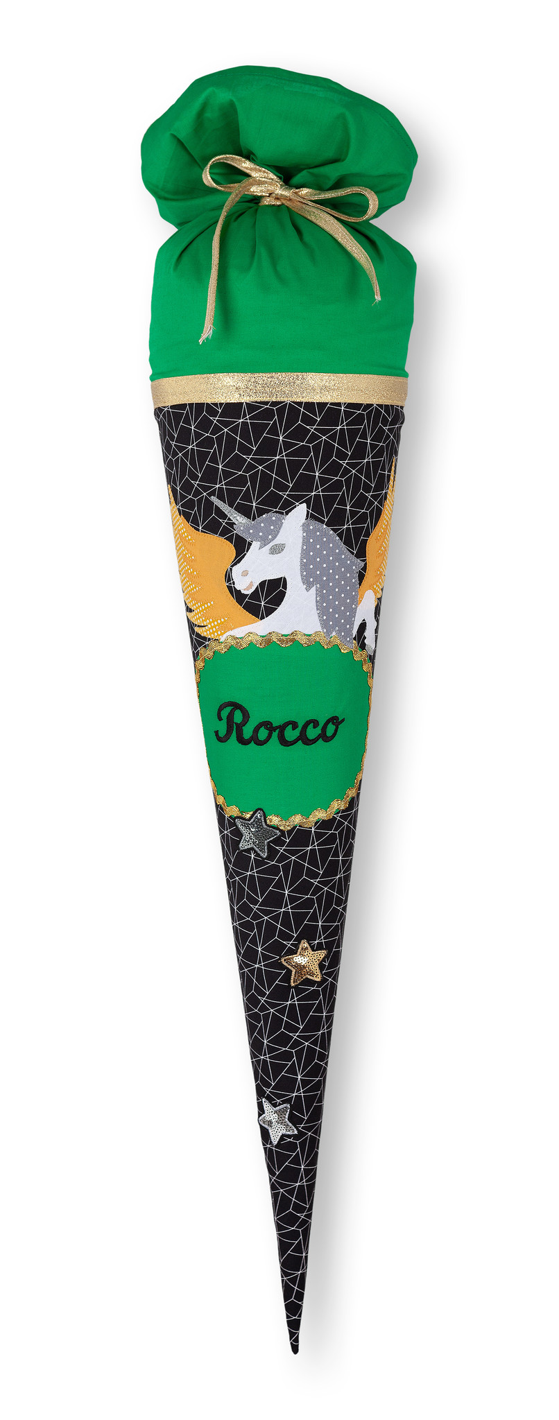 crêpes suzette Schultüte aus Stoff schwarz, grün gold mit Pegasus für Jungen und Mädchen – Variante: mit Wunschnamen