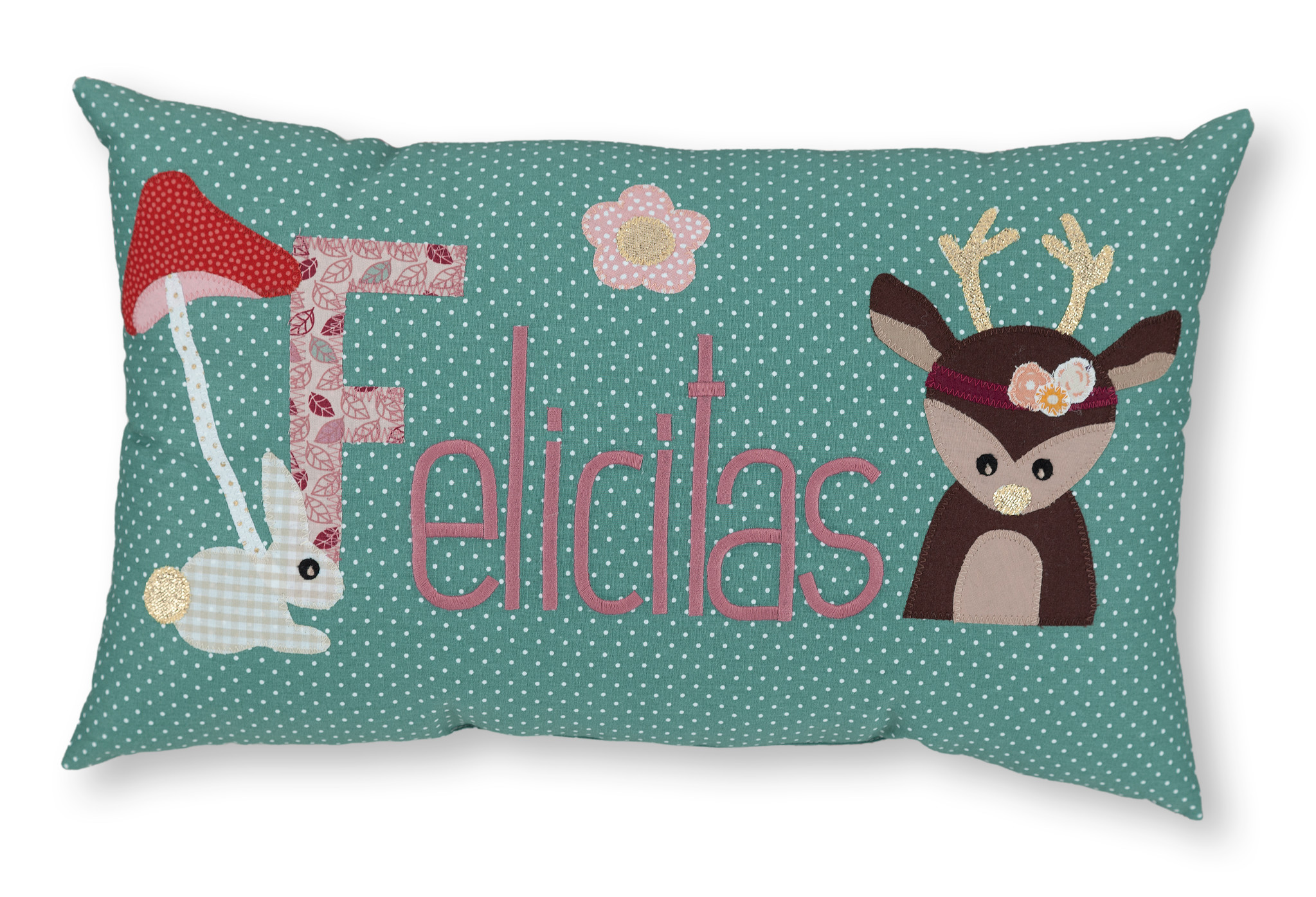 Namenskissen mit Rehkitz als Taufgeschenk