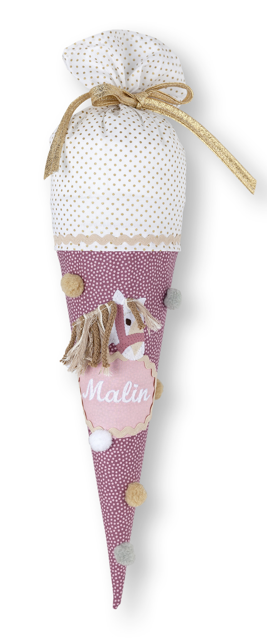 crêpes suzette Geschwisterschultüte aus Stoff in Weiß, Gold und Altrosa mit Pferd, handgeflochtene Wollmähne – Varianten: mit Motiv und Namensbestickung