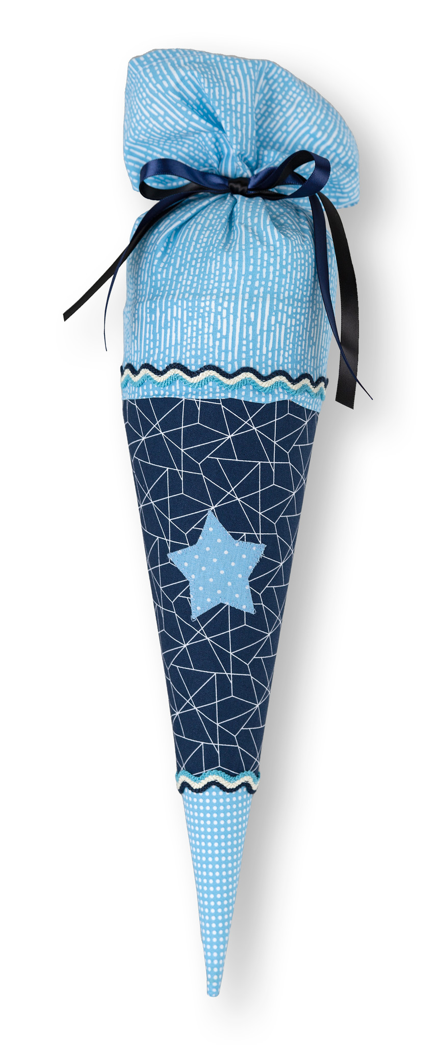 crêpes suzette Geschwisterschultüte aus Stoff in dunkelblau und hellblau, handgenäht mit Stern – Varianten: mit Motiv und Namensbestickung