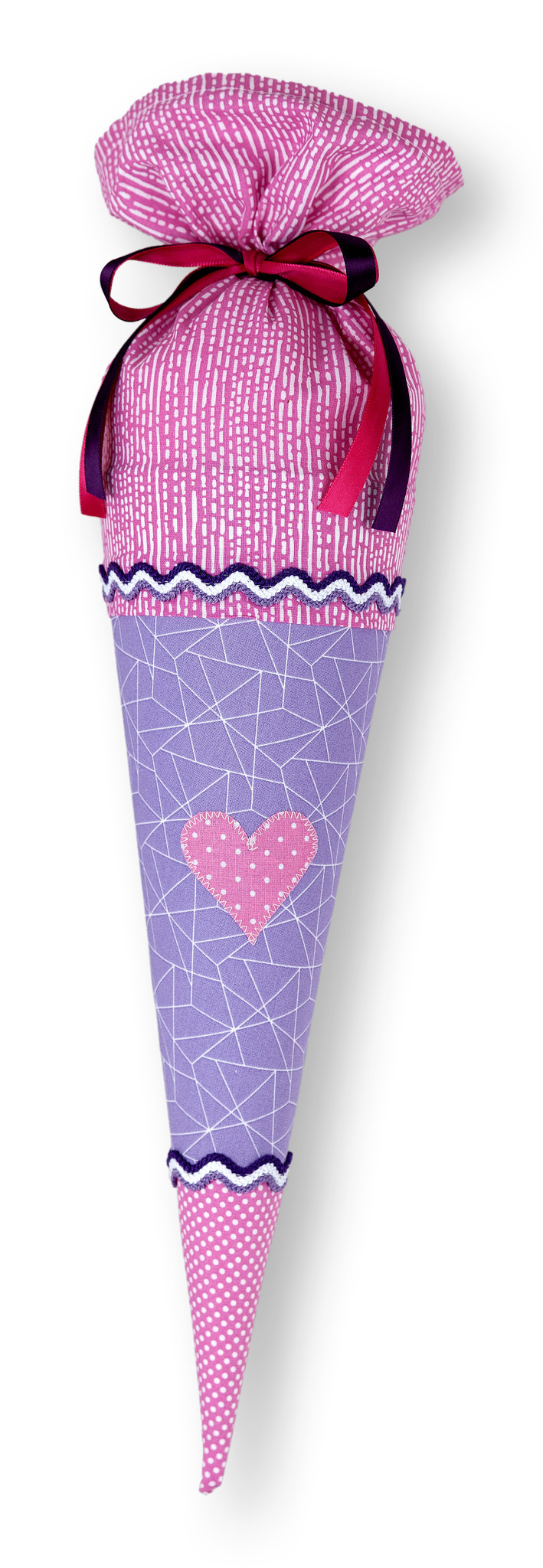 crêpes suzette Geschwisterschultüte aus Stoff in rosa und flieder, handgenäht mit Herz – Varianten: mit Motiv und Namensbestickung